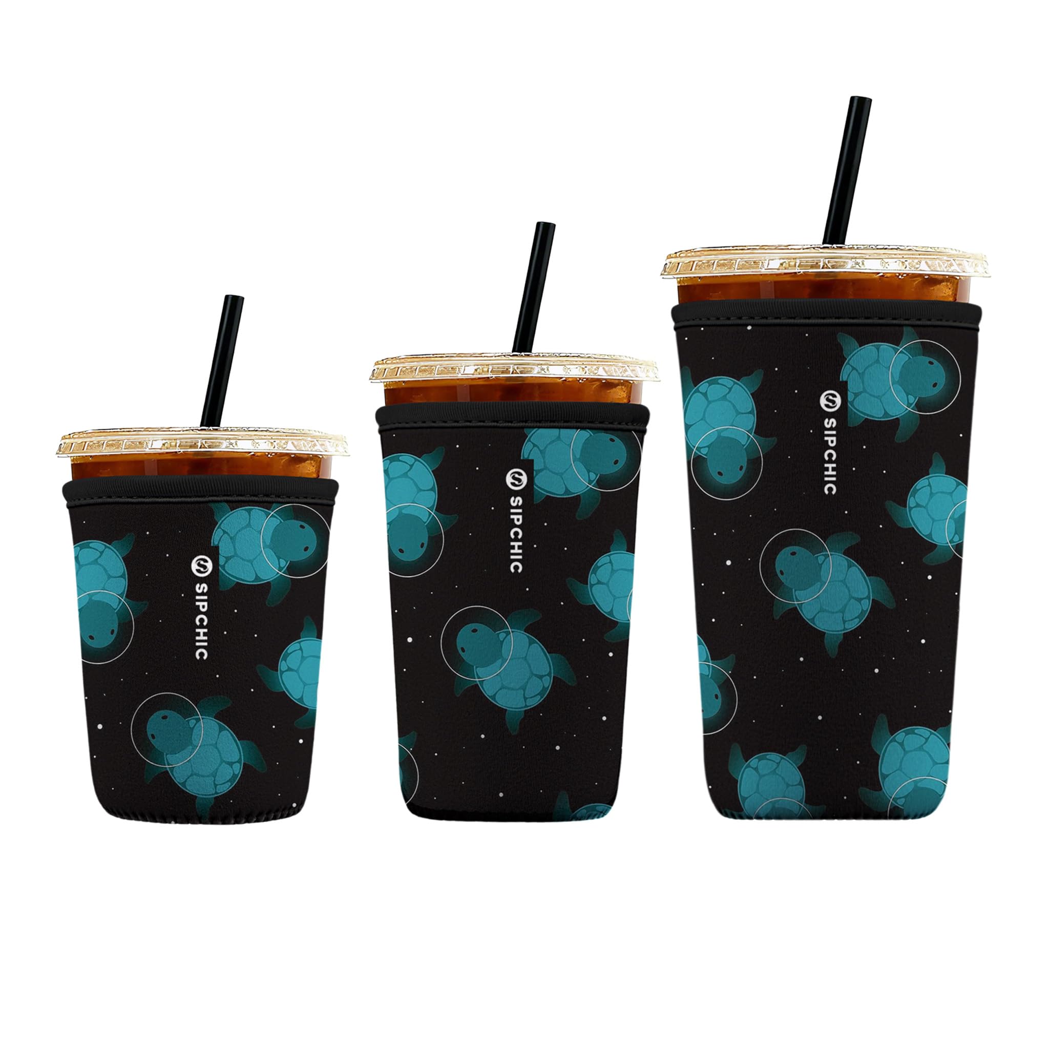 Iced Coffee Sleeve – Neoprene Reusable Cup Sleeves for Drinks, Insulated Drink Sleeves to Keep Hands Dry &amp; Drinks Cold, Stylish &amp; Durable Coffee Sleeves (Space Turtles, S/M/L 3-Pack)