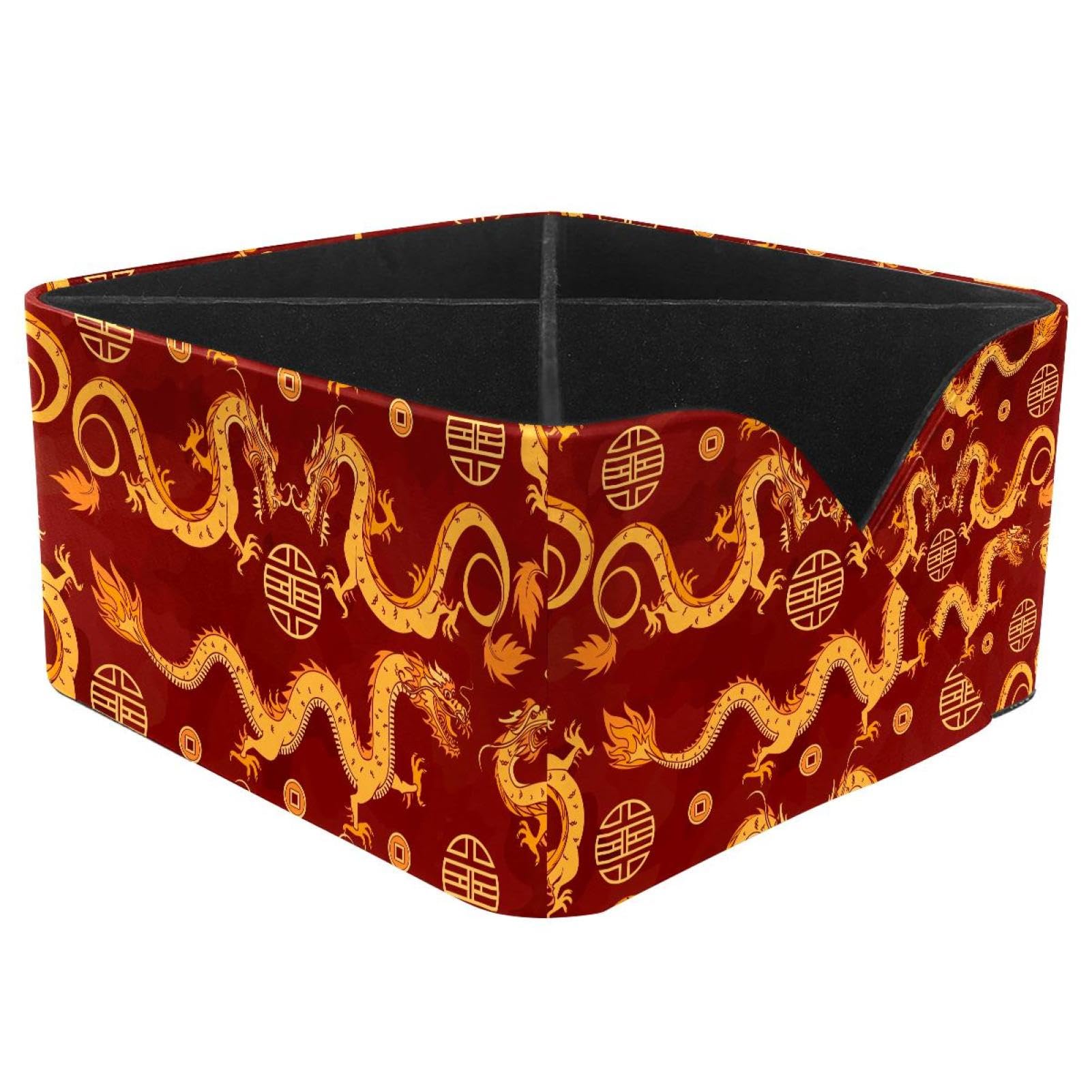 KengjuTesu Chinese Gold Dragons Pattern Desktop Organizer Pen Holder, Rectangular Pencil Cup for Office, Study and Makeup Stations
