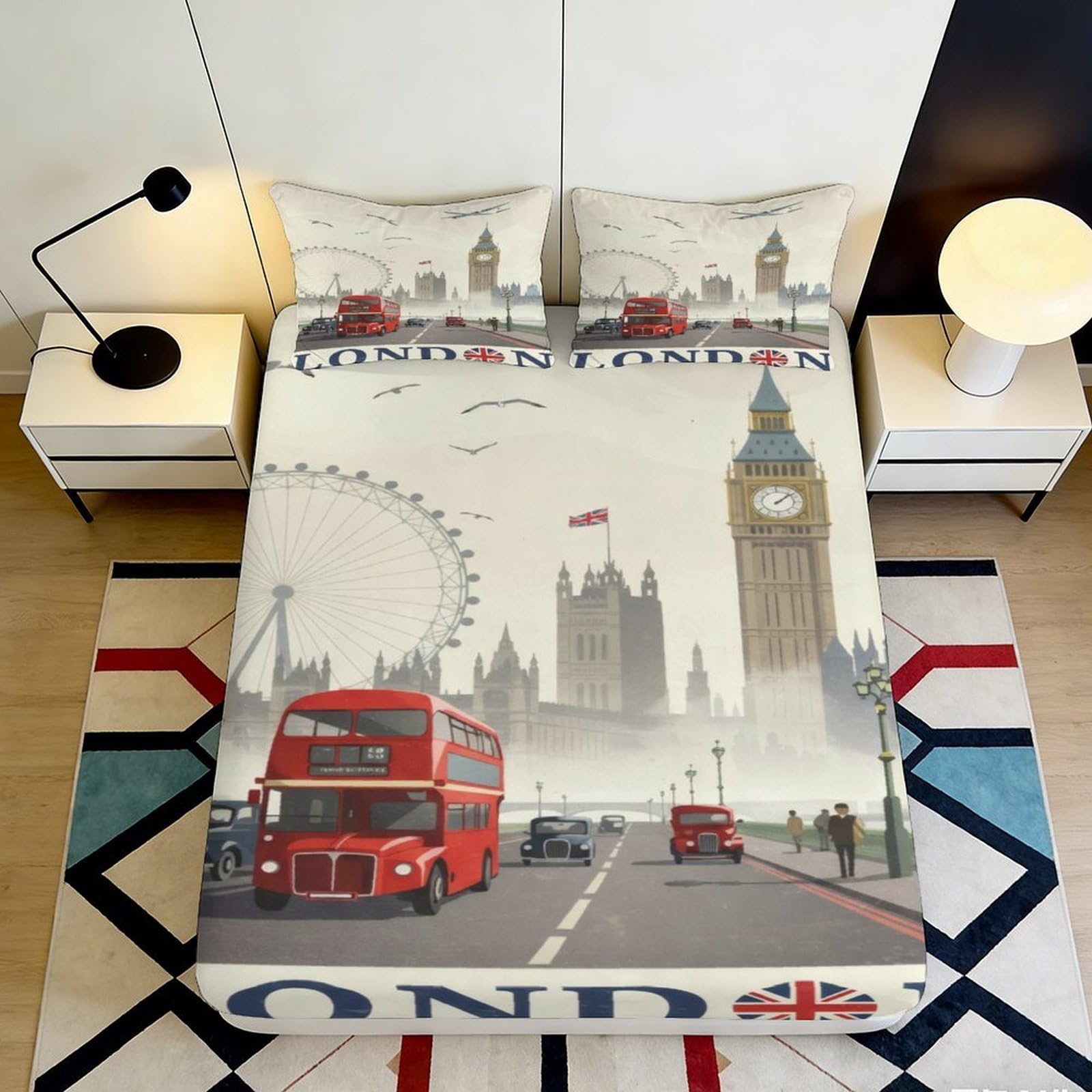 Jqzkxnhpbr Style-4 3D Printed London Cityscape Fitted Sheet Microfiber Soft Urban Big Ben Red Bus Bed Cover Bedroom Décor 90X200x25cm