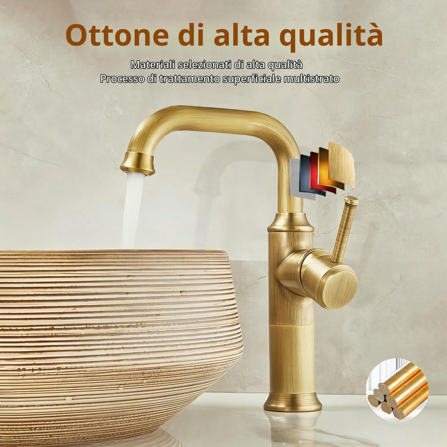 Rubinetto Alto Bagno Lavabo Ottone Antico | Retrò miscelatore monocomando, girevole a 360°, acqua calda e fredda, cartuccia ceramica, G3/8, per lavello bagno