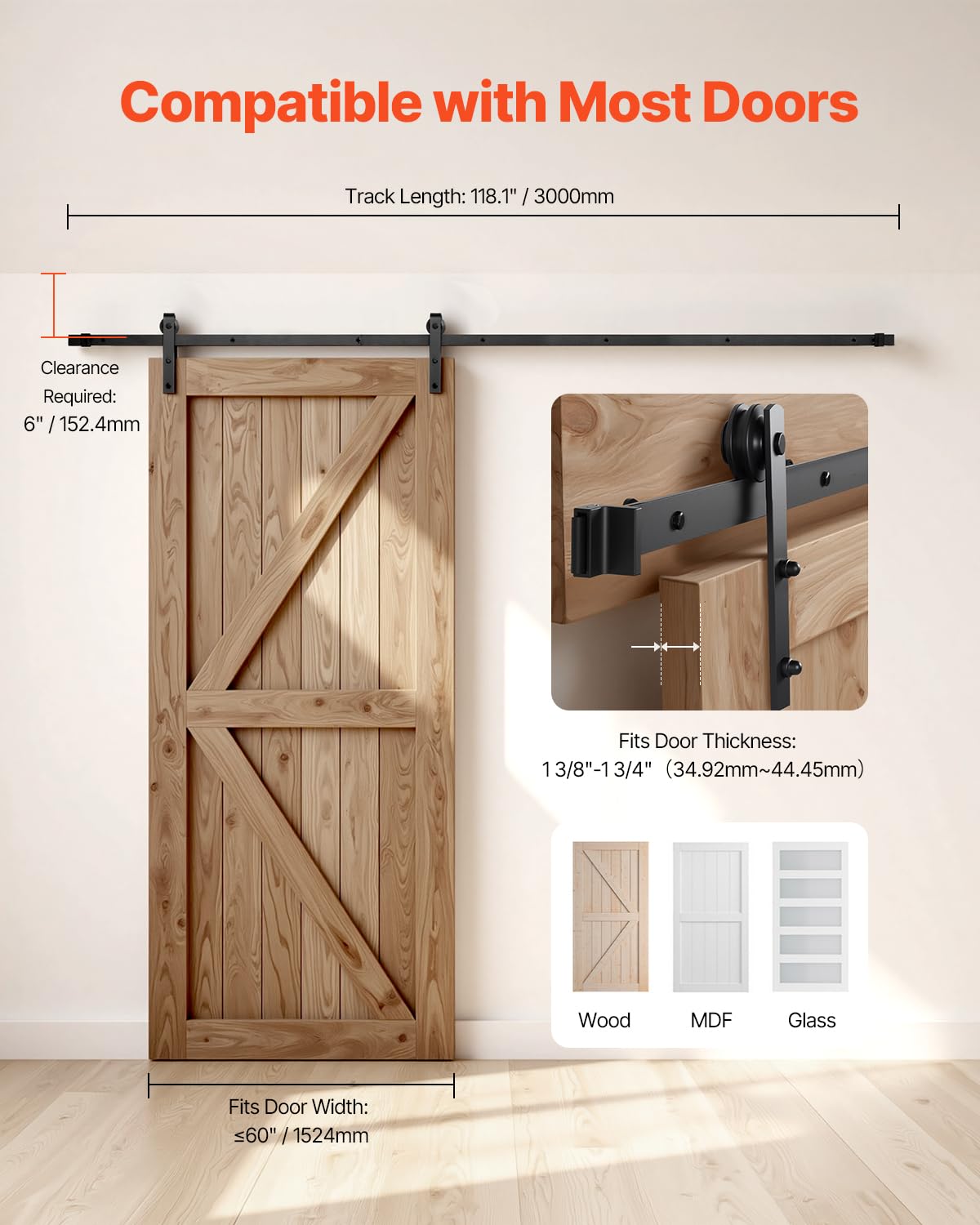 VEVOR Kit Ferramenta per Porta Scorrevole da Fienile 3048 mm, Capacità 150 kg, Compatibile con Larghezza max. 1524 mm e Spessore da 34,9 a 44,45 mm, Binario Resistente Rullo a Forma L, Nero