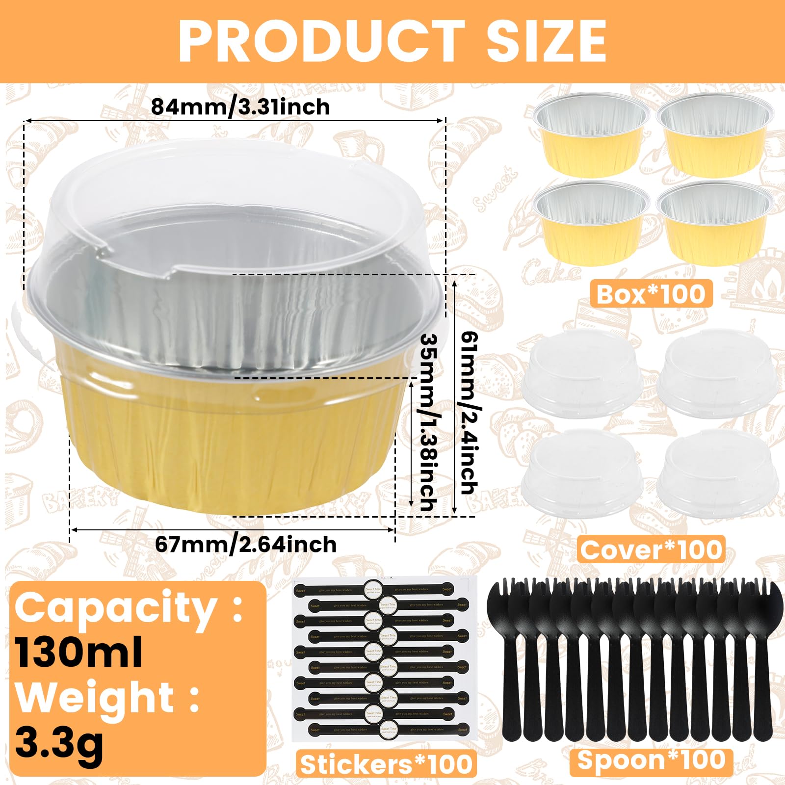 100 PCS Aluminium Foil Baking Cups 4.4oz Mini Cake Pans with Lids and Forks Heat Resistant Cupcake Cases Reusable Foil Muffin Liners Cupcake Liners for Gatherings Picnics Parties(golden,100)