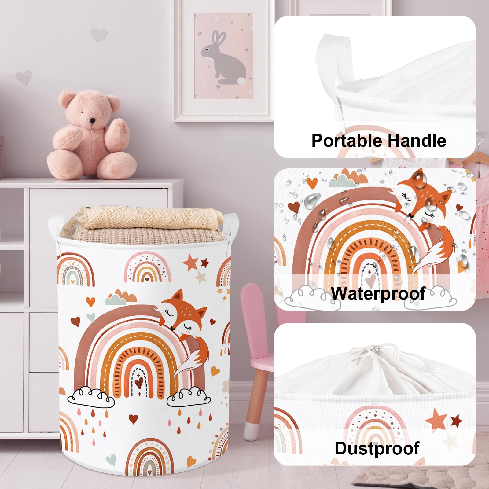 Clastyle Rainbow Baby Laundry Hamper Collapsible Clothes Kids Storage Basket Waterproof Girls Toy Box for Nursery Room Fox, 40x30x30 cm - Image 4