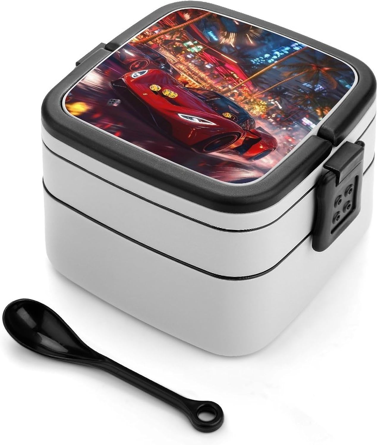 Red Sports-Car Bento Box with Spoon 2 Layer Food Container Cute Lunch Box for Travel Dining Work