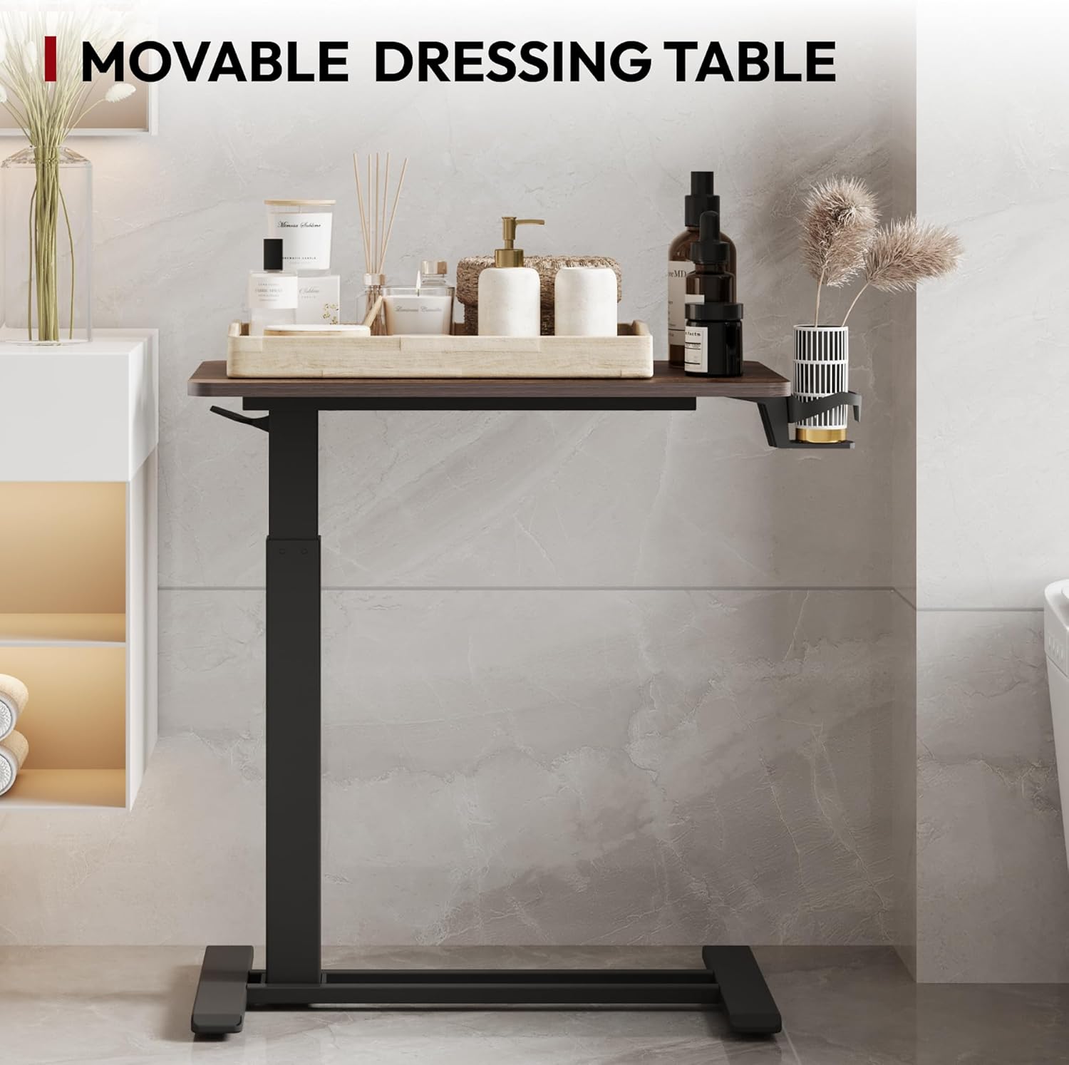 SANODESK Mobile Standing Desk with Hidden Wheels,Pneumatic Laptop Desk Rolling Computer Cart Movable Height Adjustable Small Sit Stand Desk for Home Office(27.6" W x 15.7" D, Maple)