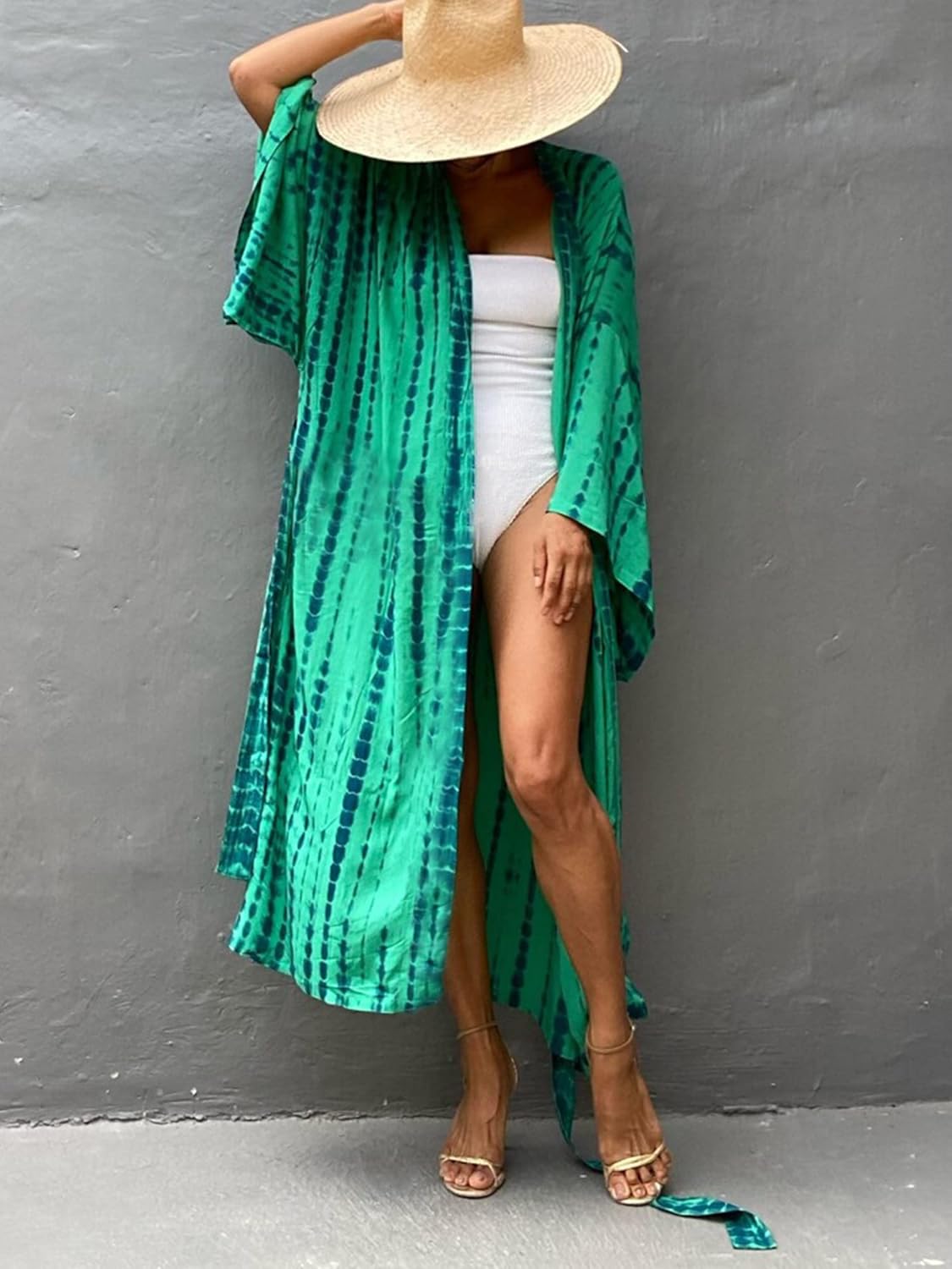 Chunoy Women Summer Long Beach Kimono Cardigans Swimsuit Cover Ups for Womens Resort Wear Swim Coverup Green - Image 2