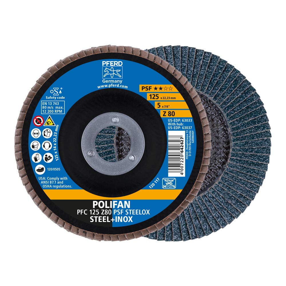 PFERD Polifan PSF Abrasive Flap Disc, Type 29, Round Hole, Phenolic Resin Backing, Zirconia Alumina, 4-1/2