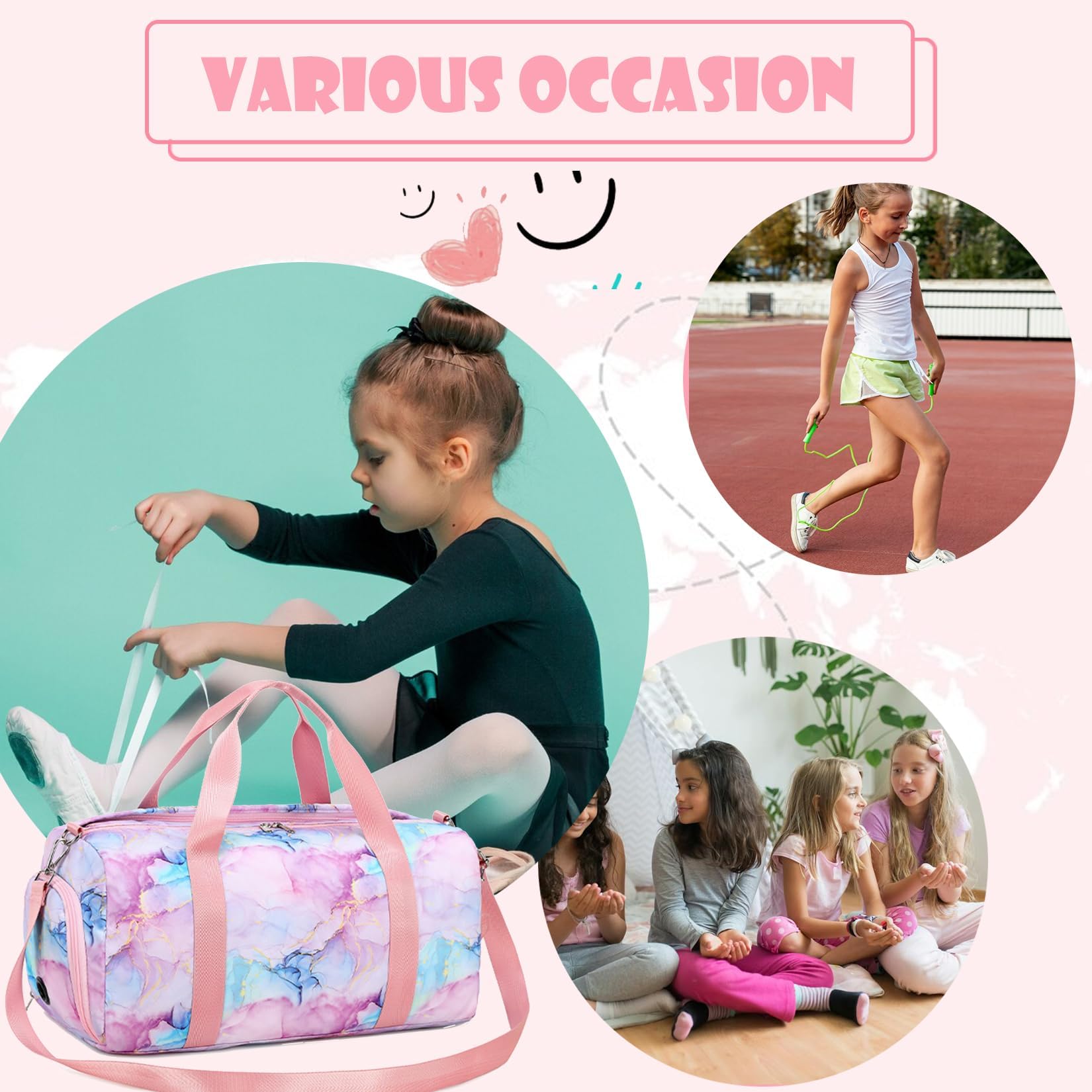 Turnbeutel für Mädchen, Turnbeutel für Teenager, Sporttasche, Balletttasche für Mädchen, Canvas Tasche mit Schuhfächern und Nassfach (Knotenfarbe, Marmor violett, 18 x 8 x 9.75 pulgadas