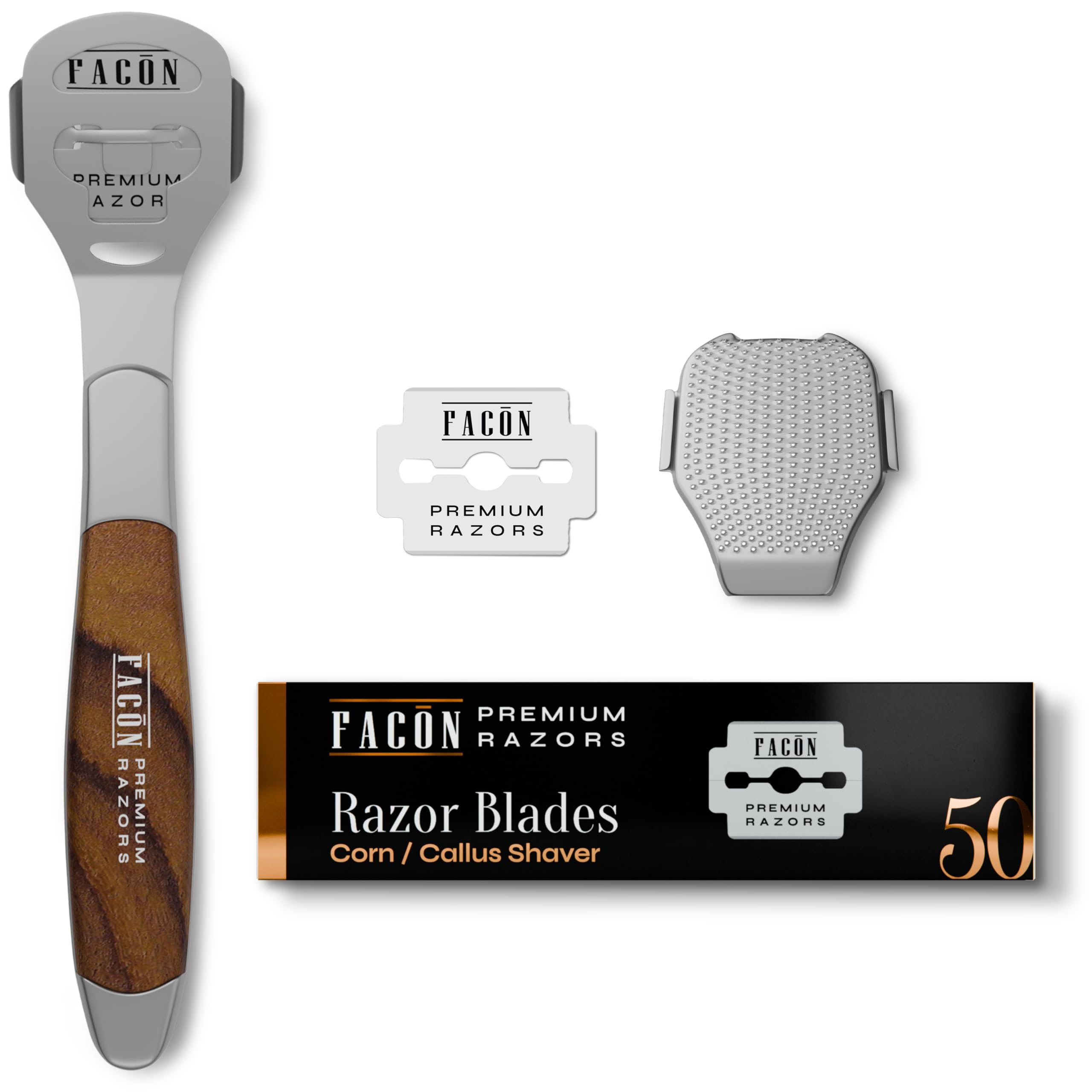 Facón Professional Callus Shaver Remover with 50 Blades, Pedicure Razor for Feet &amp; Hands, Foot Razor for Callus Removal, Callus Blade Remover, Corn Shaver, Surgical Grade Premium Stainless Steel Tool