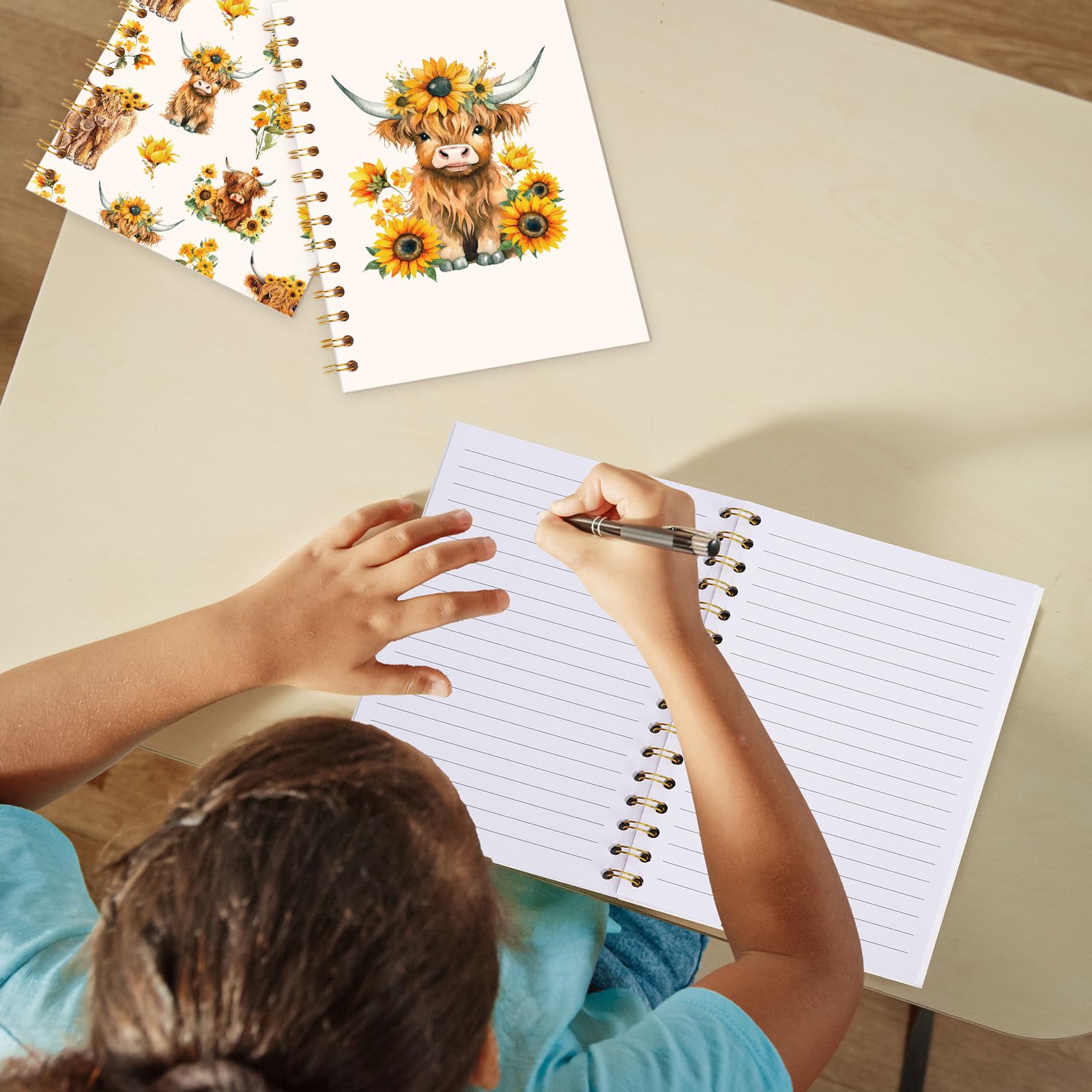 JarThenaAMCS Hochlandkuh, A5, Spiralnotizbücher, Frühlingskuh, Sonnenblume, College-Notizbuch, starke Doppeldrahtbindung mit Premium-Papier, für Schule, Klassenzimmer, Büro, 2 Stück