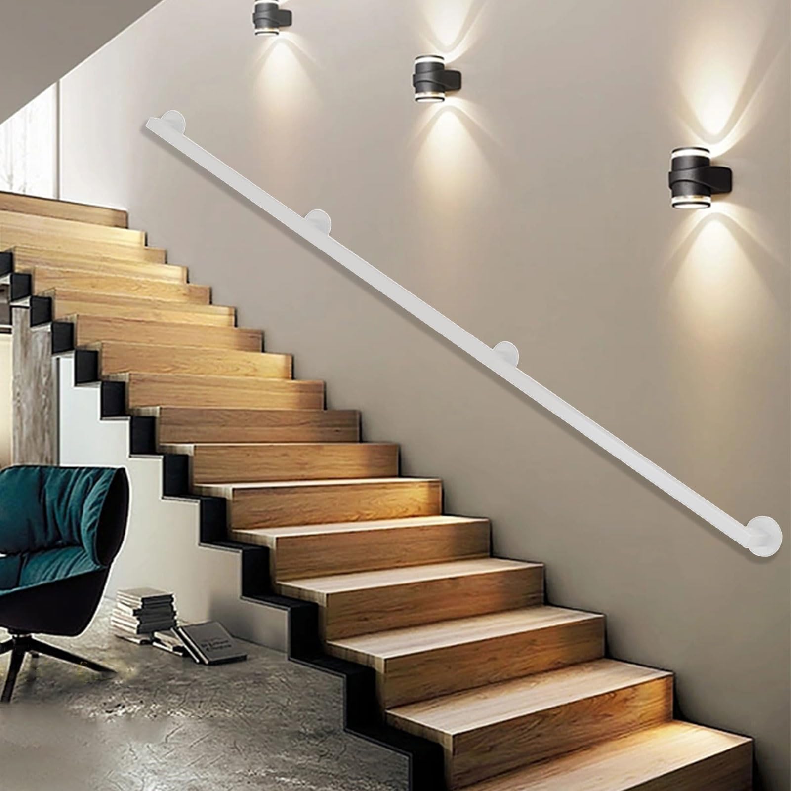 Drsyffsup Handrail for Stairs - Complete Kit. White Metal Wrought Iron Corridor Non-Slip Banister Hand Rail, Long 30~600cm Handrails for Indoor Outside Steps Safety Support 200kg(9.2ft/280cm)