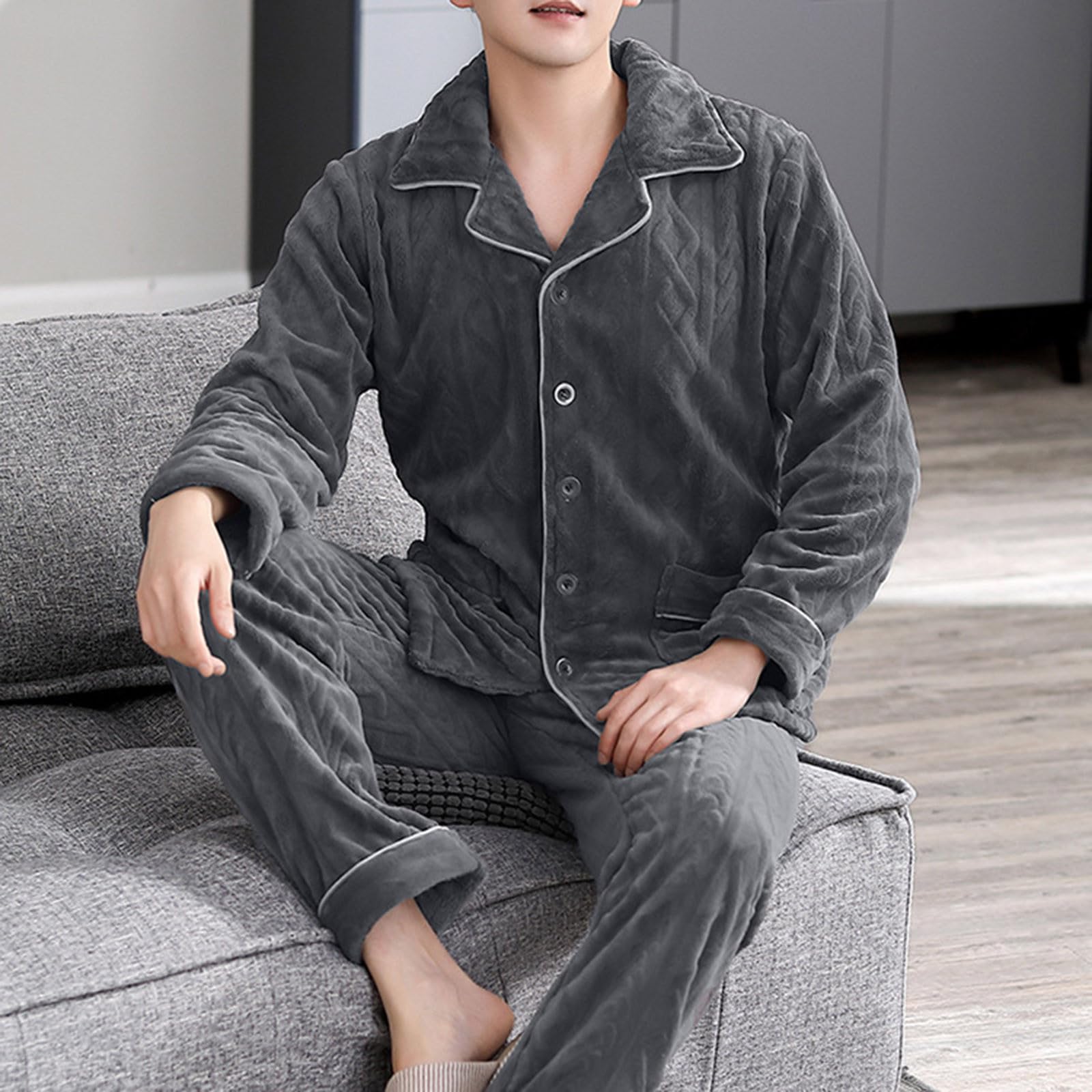 Pijama de forro polar para hombre, conjunto de pijama cálido de invierno de manga larga con solapa, ropa de dormir con botones y pantalones de dormir, franela de dos piezas, pijama grueso
