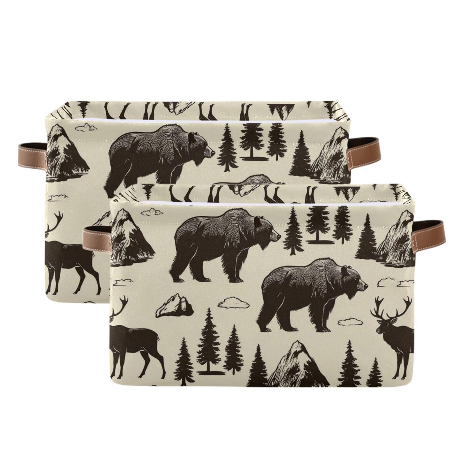 Aslsiy Storage Vintage Deer Bear Moose Nursery Bins National Park Baby Box Canvas Clothes Shelf Basket Laundry Hamper Gift for Home Closet 2 Pcs
