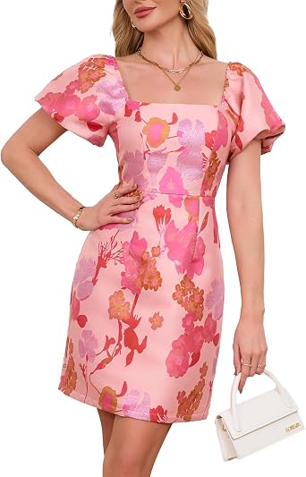 Ladyful Womens Jacquard Mini Dress Floral Short Puff Sleeve Square Neck Bodycon A-line Party Short Dress