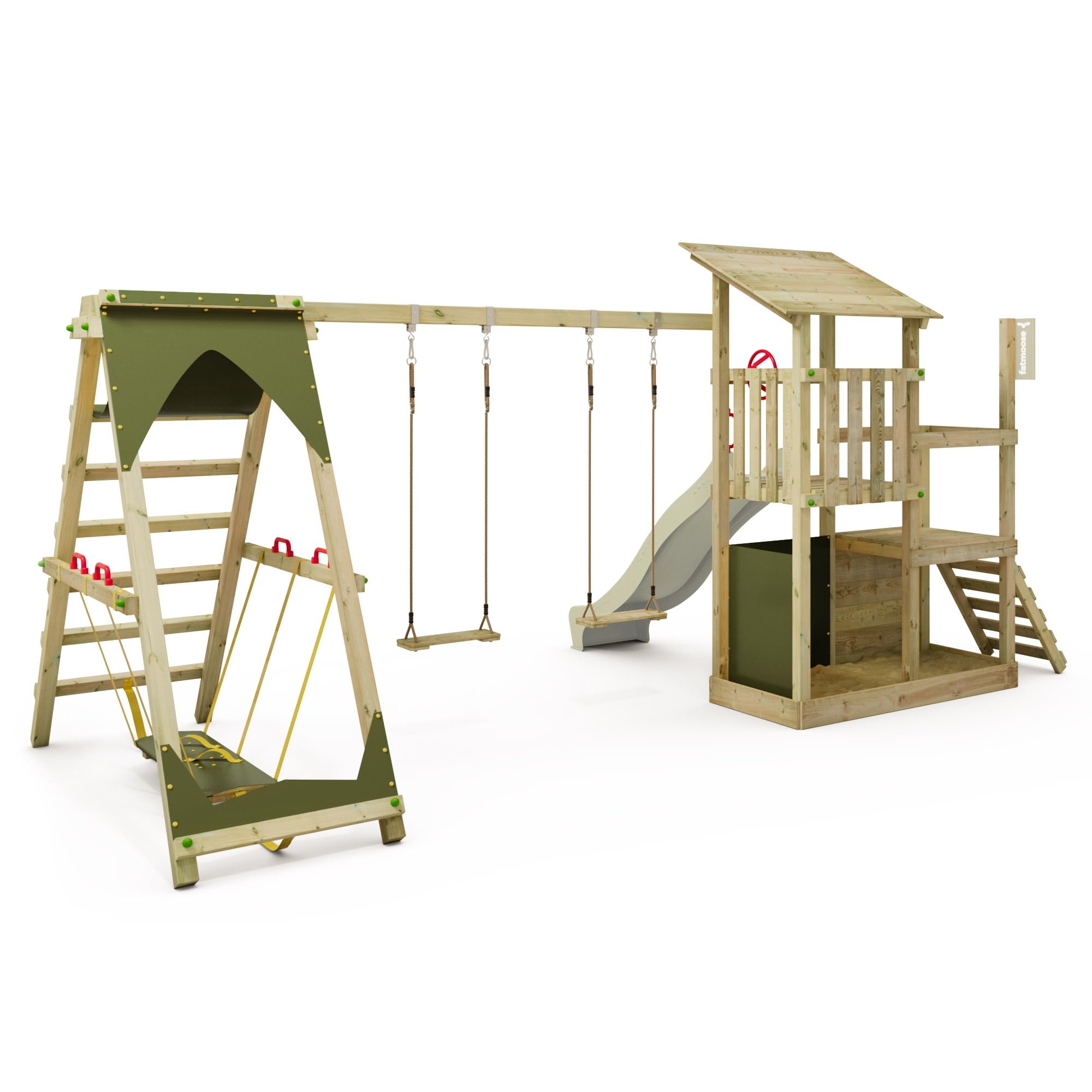 FATMOOSE Spielturm FruityForest Fun XXL Klettergerüst, salbeigrün | mit Surfanbau, Schaukel & Rutsche, mit Sandkasten, Leiter & Spiel-Zubehör für den Garten