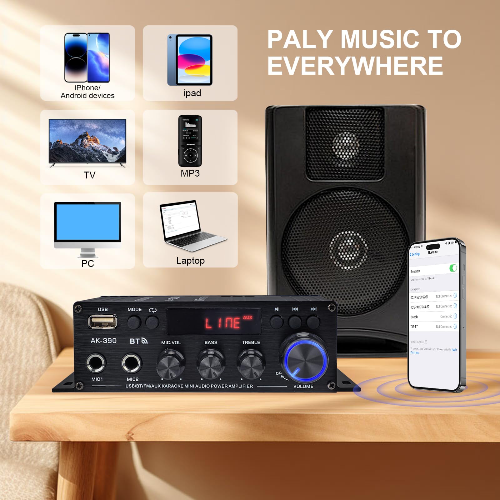Amplificateur Hifi Bluetooth 5.0 2 Canaux 40W+40W 400W 12V 5A avec Télécommande