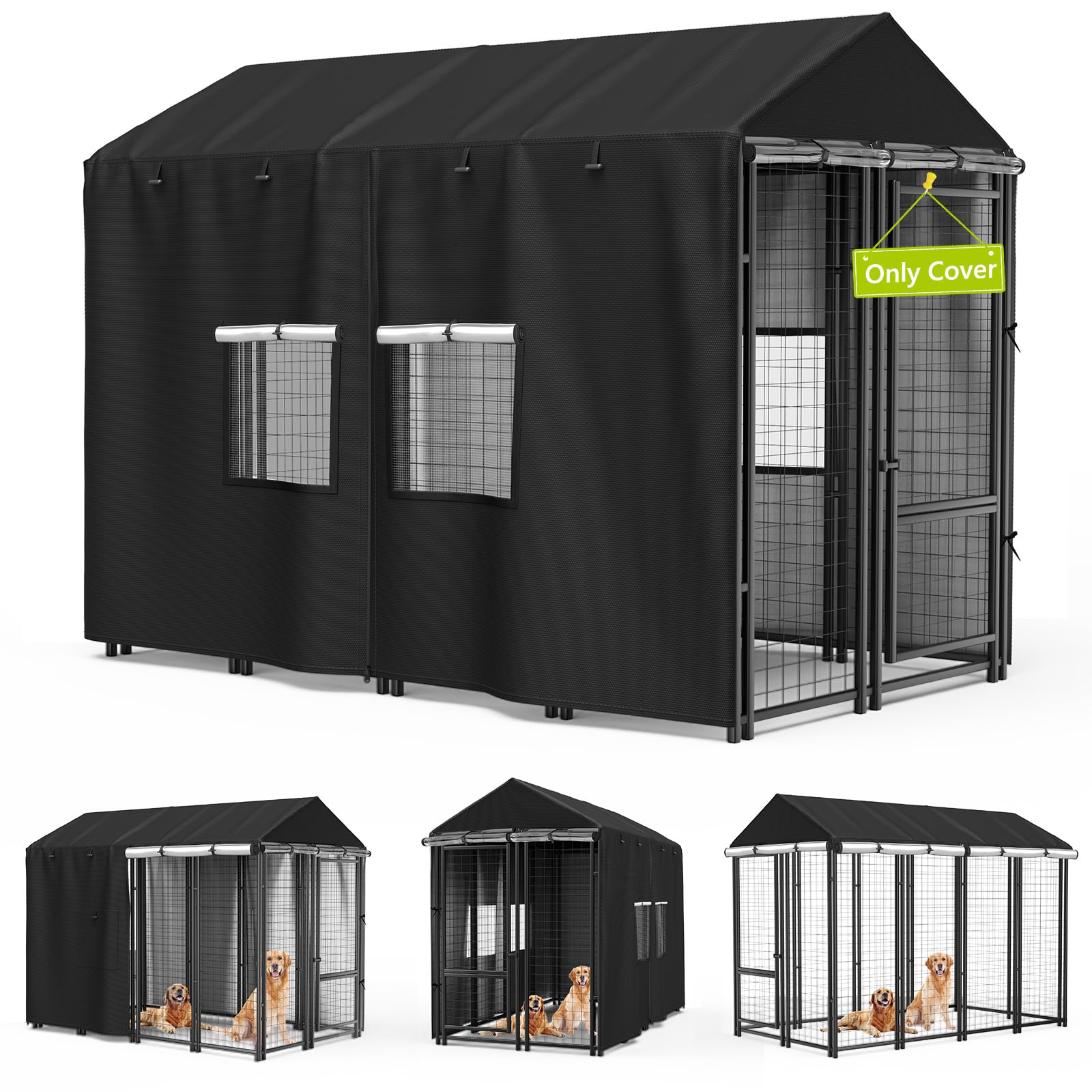 Photo 1 of MUTUSHI Outdoor Dog Kennel Cover 8'D x 4'W x 6'H Black Full Coverage with Transparent PVC Window and Breathable Mesh All-Weather Protection for Multiple Brands of Kennels Only Cover