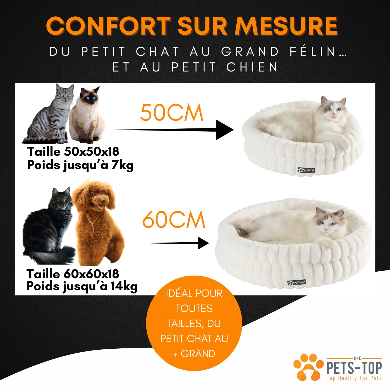 One PETS-TOP Panier Chat Moelleux – Coussin Chat ou Petit Chien Doux et Confortable – Cat Bed Antistress – Couchage Apaisant Rond et Chaud (Blanc, 50 cm)