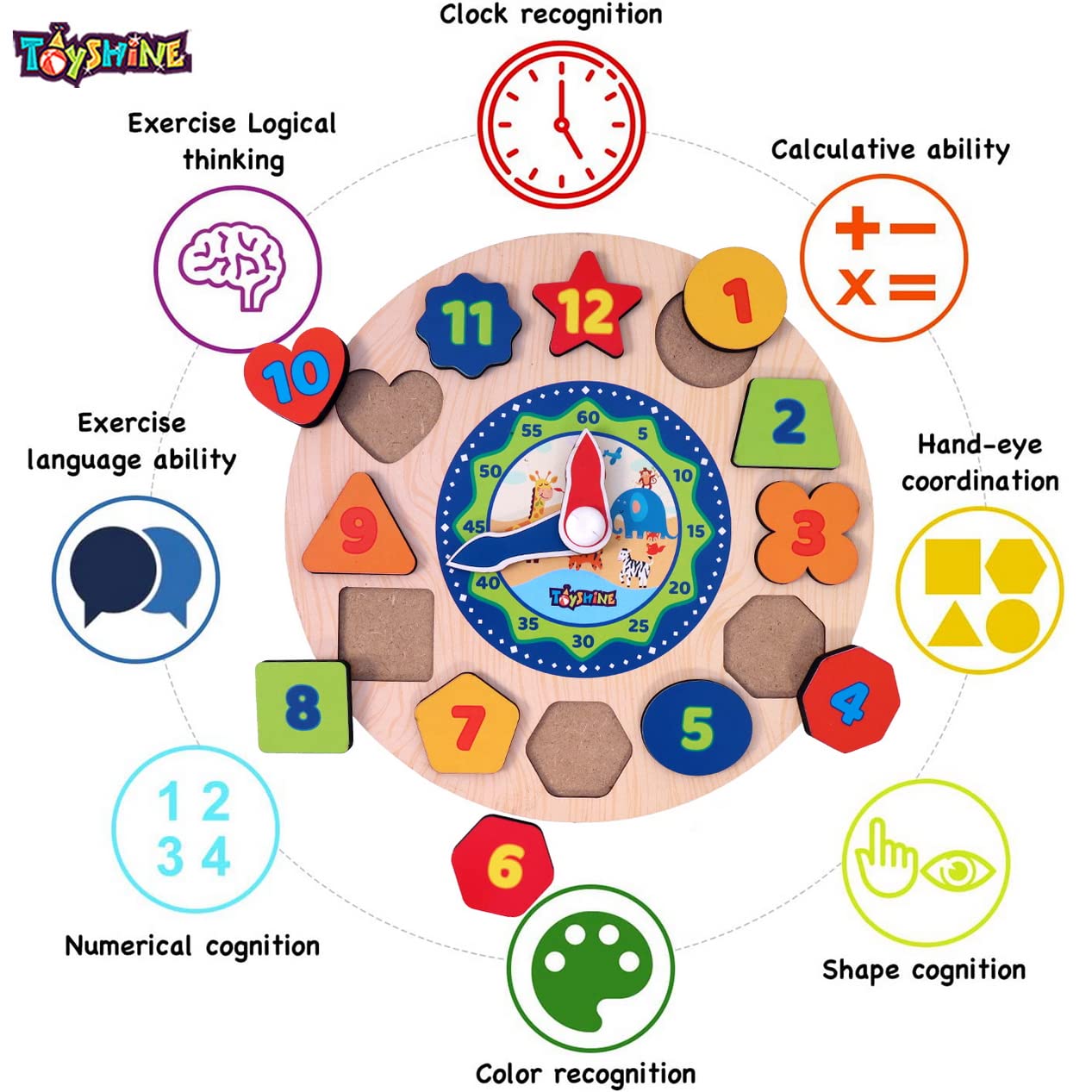 Toyshine Wooden Learning Clock, Educational Digital Analog Numbers, Shape & Color Learning Montessori Toy for Kids- Multi Color - Image 3 thumbnail