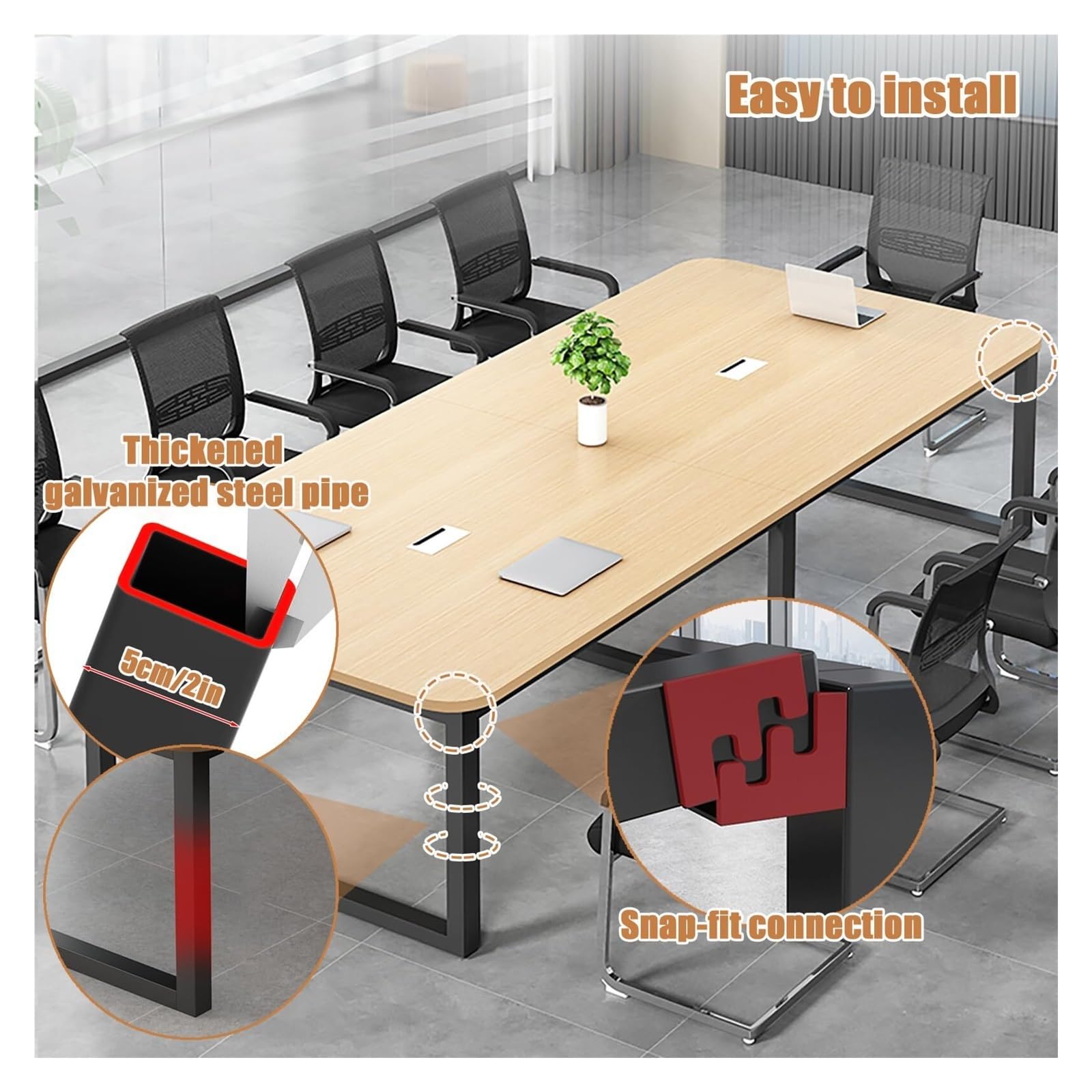 Mesa de conferencias rectangular grande moderna de metal para reuniones y asientos de entrenamiento, 4-6, 300 x 100 x 74 cm, ideal para espacios profesionales y trabajo colaborativo