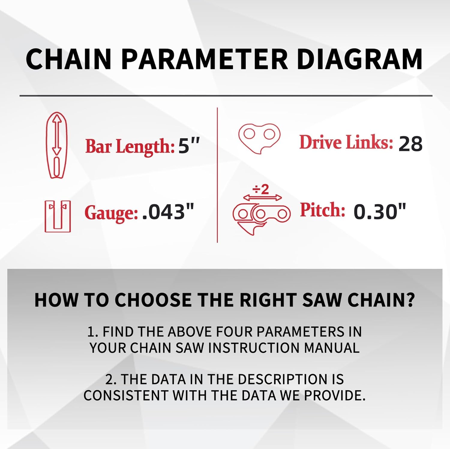 E & S 3 Pack 5 Inch Chainsaw Chain 0.30" Pitch .043" Gauge 28 Drive Links Semi-Chisel Chain Saw Chains for Husqvarna, Poulan, Craftsman, Greenworks and More Chainsaw Brands
