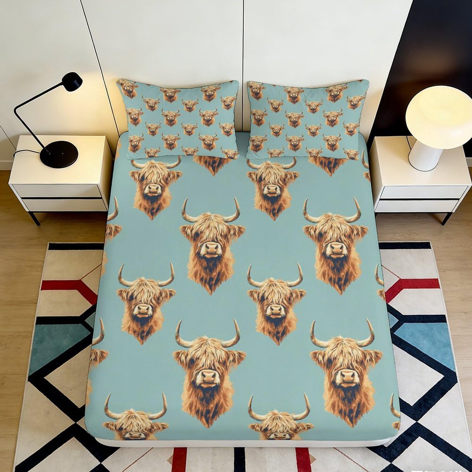 3D Printed Highland Cow Fitted Sheet Microfiber Anti-Slip Mattress Cover for Bedroom Dorm Bed Dustproof Decor 200x200x25cm