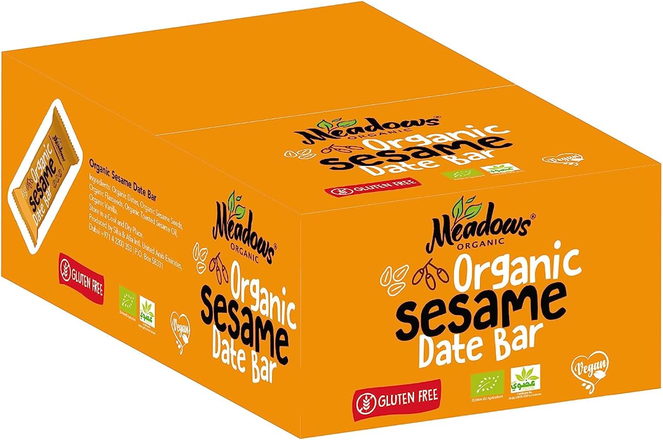 Meadows Organic Gluten Free & Vegan Sesame Date Bar 960g (Box of 24 Individually Wrapped Bars) - A Healthy Guilt-free Snacking Bar Option with a Good Source of Fiber