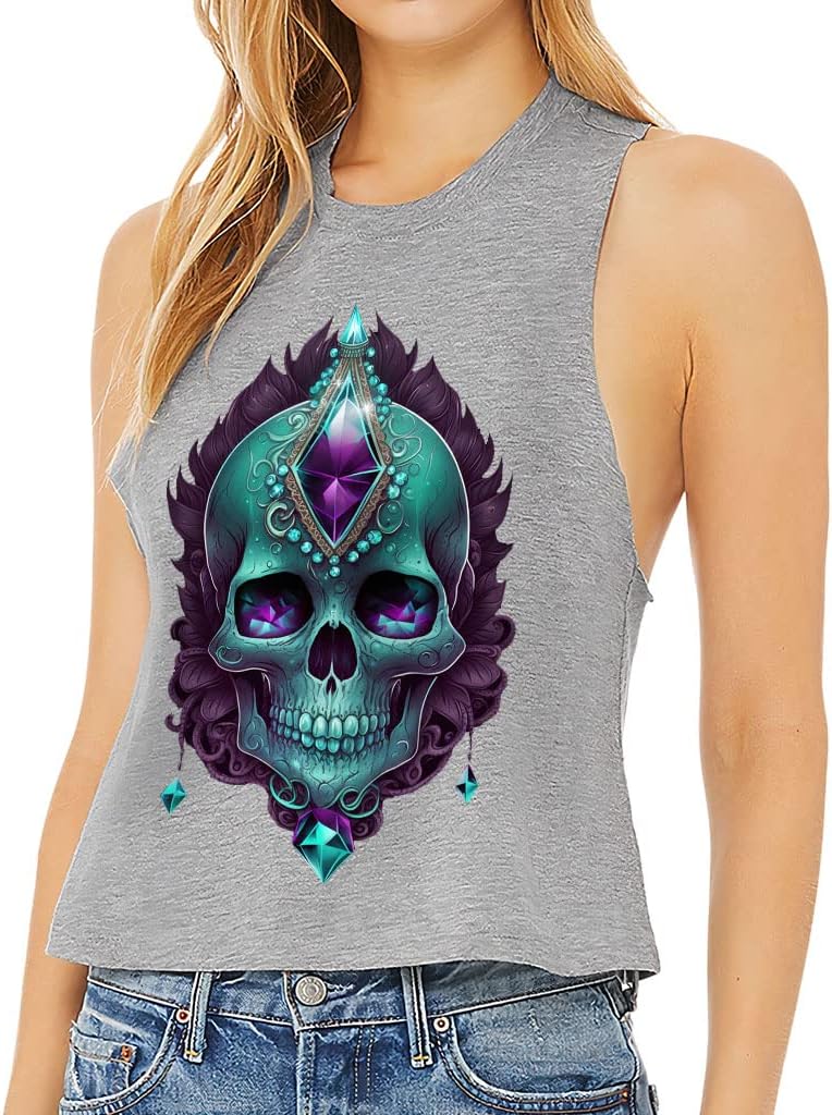 Skull Design Racerback Cropped Tank - Cute Skull Women's Tank - Cool Design Tank Top - Athletic Heather, L