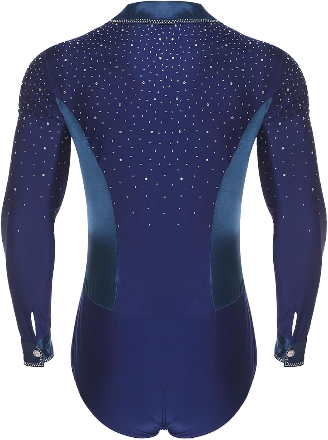 JEYPINMI Mens Sparkly Latin Tango Chacha Dance Bodysuit Lapel V Neck Long Sleeve Patchwork Figure Skating Jumpsuit
