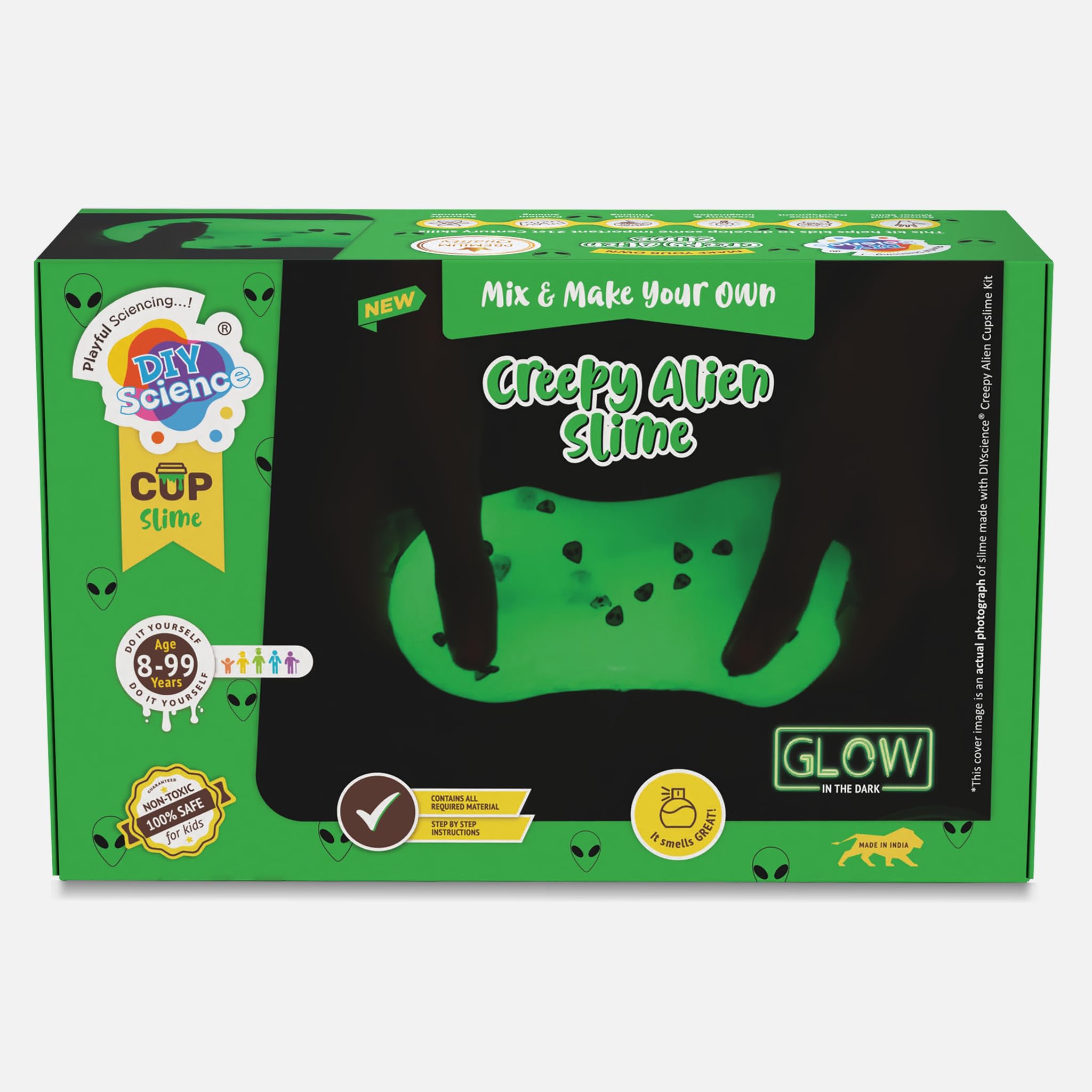 - Creepy Alien Slime Kit, Glow in The Dark Slime Making Kit, 8+ Years, Scented Slime Glitter Glue, Activator Gel, Scary Green Glow in The Dark Powder, Alien Face Toppings