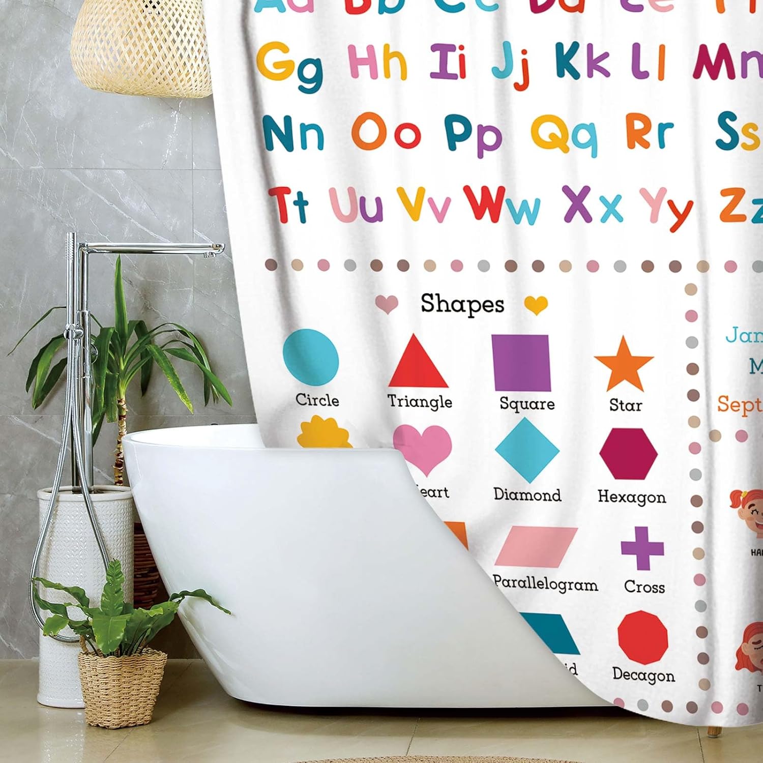 Kids Educational Shower Curtain ABC Alphabet Cartoon Solar System Shapes Cute Knowledge Bathroom Curtain Set for Todders Nursery Shower Curtain Fabric Baby Bathroom Accessories Decor with 12 Hooks