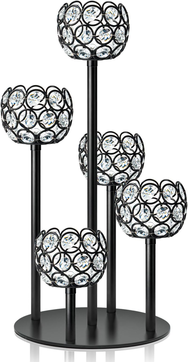 5-Arm Crystal Tealight Candelabra Centerpiece, 14.8 Inch Metal Candle Holder for Table Decor, Wedding, Christmas, Party, Anniversary & Home Decoration (1, Black, S-14.8 in)