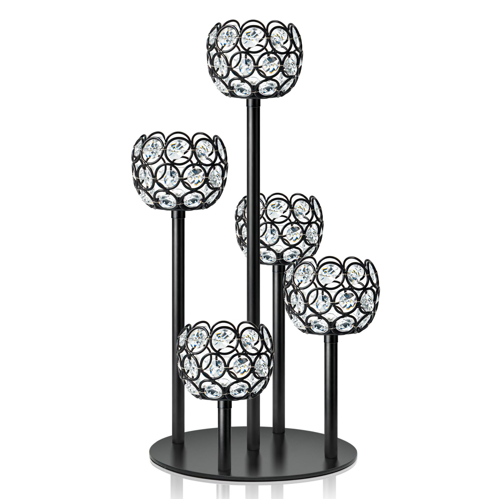 5-Arm Crystal Tealight Candelabra Centerpiece, 14.8 Inch Metal Candle Holder for Table Decor, Wedding, Christmas, Party, Anniversary & Home Decoration (1, Black, S-14.8 in)