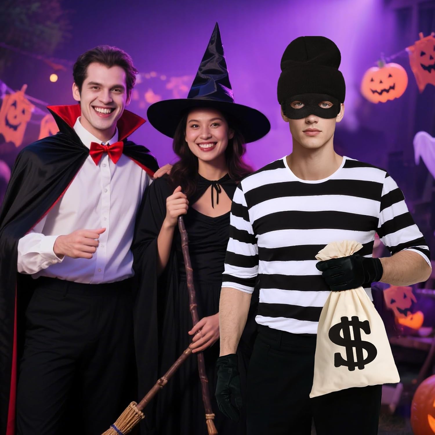 Robber Costume Set Black and White Striped T-Shirt Men's Burglar Set Halloween Cosplay Thief Accessories for Adult - Image 7