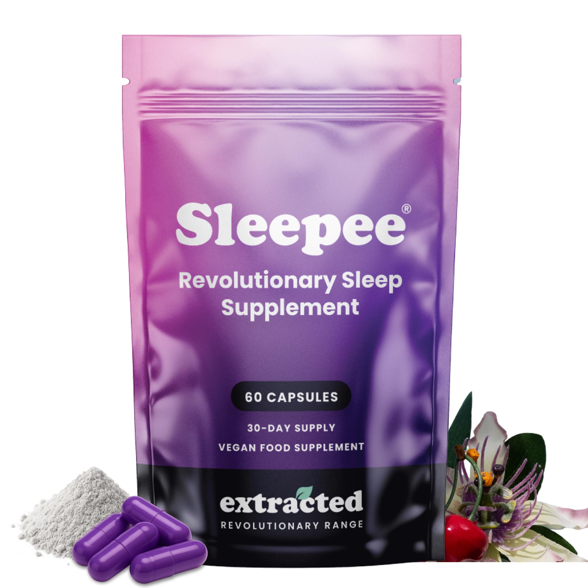 Sleepee Natural Nighttime Sleep Support - with Montmorency Cherry, Lemon Balm, L-Tryptophan & Magnesium - 60 Vegan Capsules, UK-Made