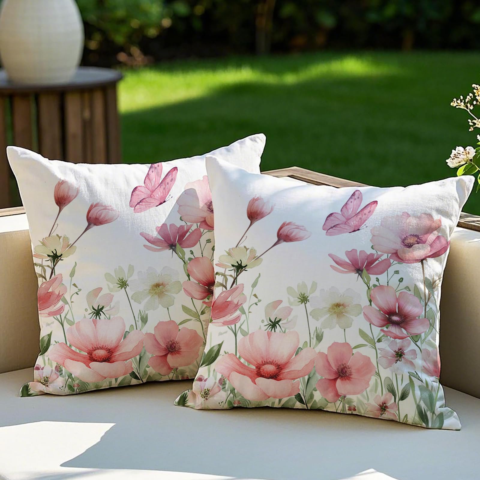 Vorysum 2er Set Outdoor Kissen Rosa Blumen Dekokissen Wetterfest Kissenbezug Sommer Modern Kissenbezüge für Garten Sofa Couch Wohnzimmer Schlafzimmer Doppelseitiges Muster 45x45 cm