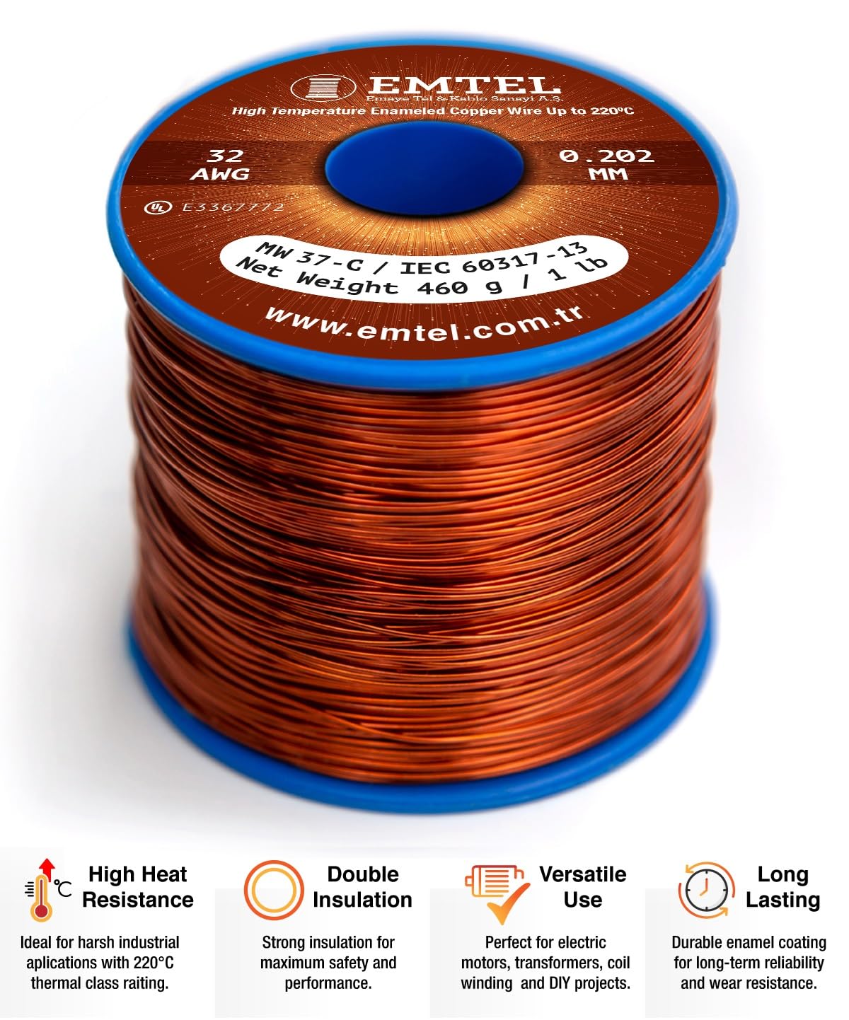 Emtel 32 AWG - 1 lb (5181 feet) 99.9% Pure Copper Wire, Enameled Magnetic Wire for Motor, Transformer, Magnetic Coil, & Electroculture Gardening, Winding Magnet Wire - 220°C (428°F) Thermal Class