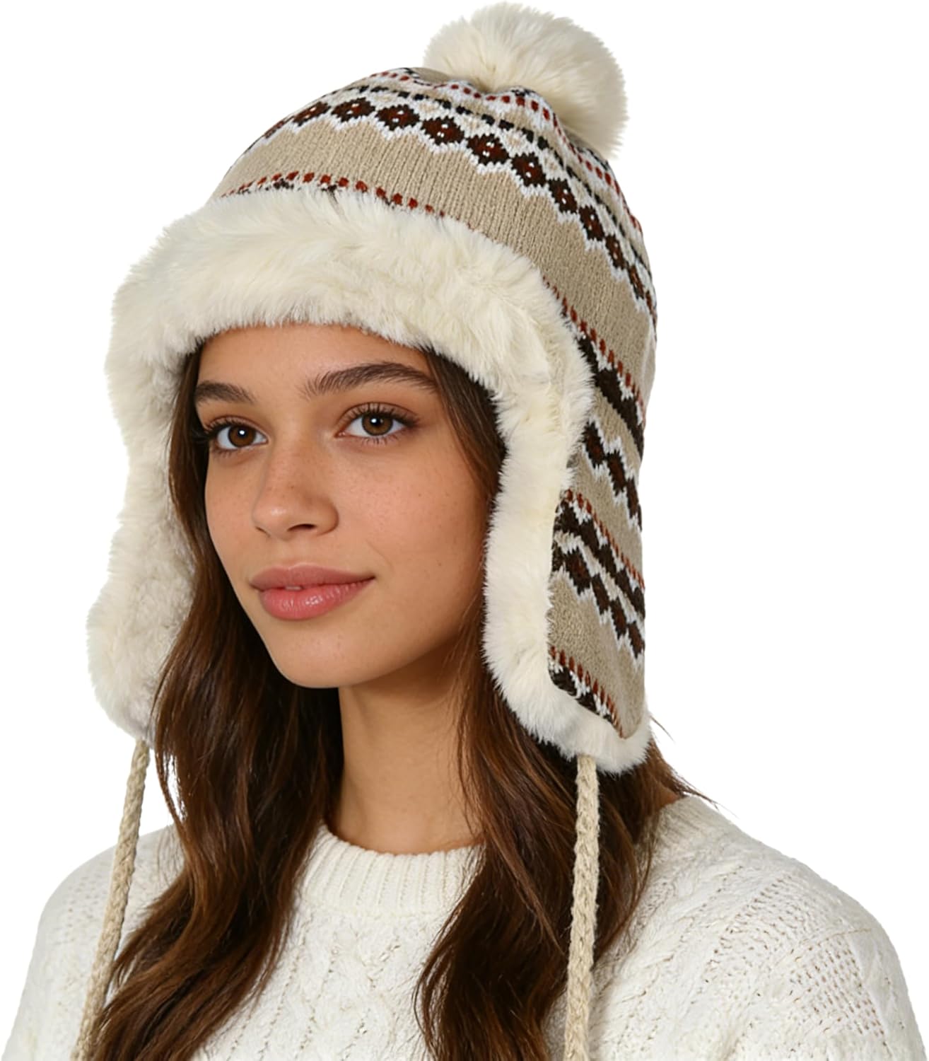 PENINSULA LOVE Women Winter Peruvian Cover Ears Beanie Hat Faux Fur Earflap Trapper Hat Sherpa Knit Snow Ski Cap with Pompom - Image 4