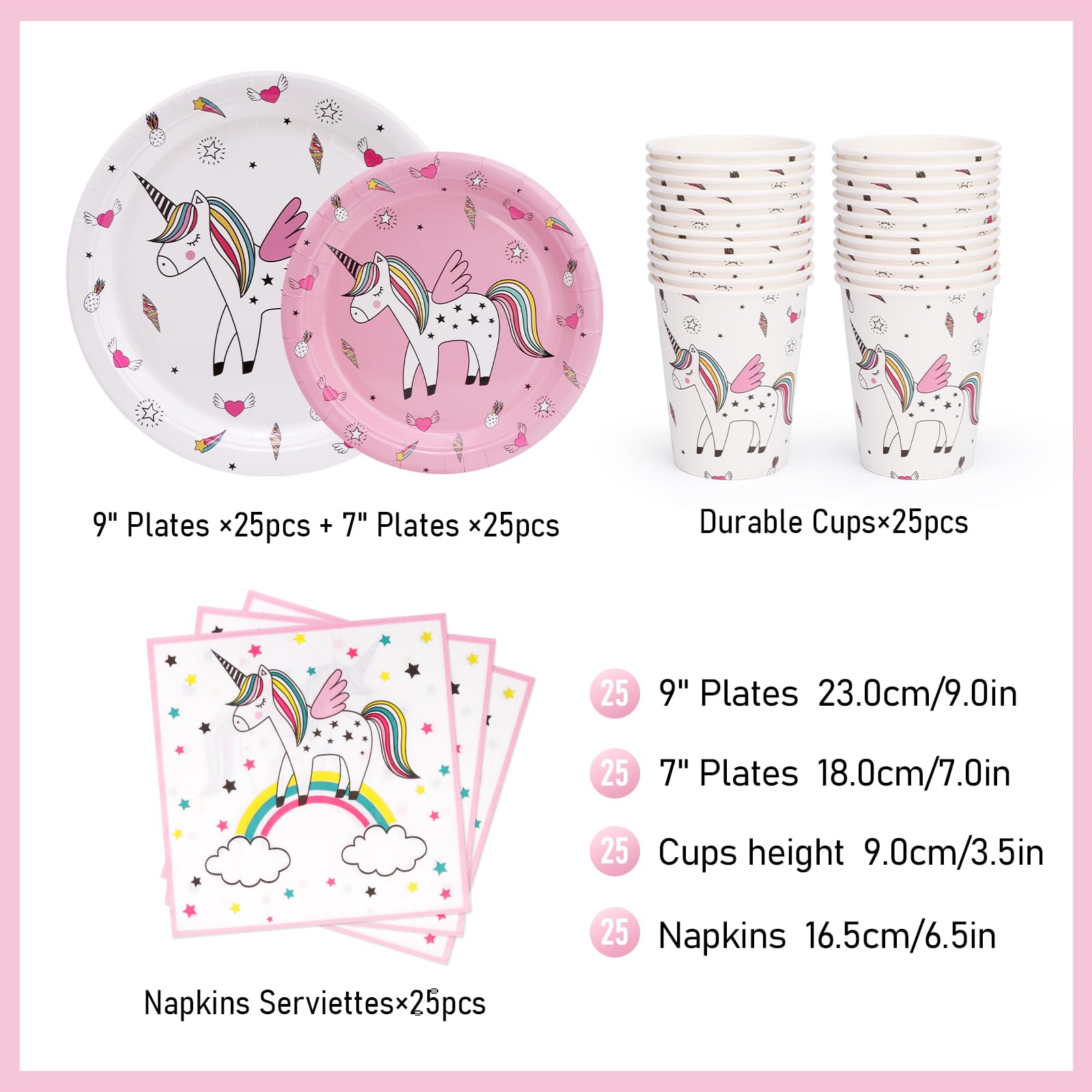 Set di stoviglie con unicorno, accessori arcobaleno, per ragazze, pacchetto con piatti da dessert, tazze, tovaglioli per 24 ospiti (96 pezzi)