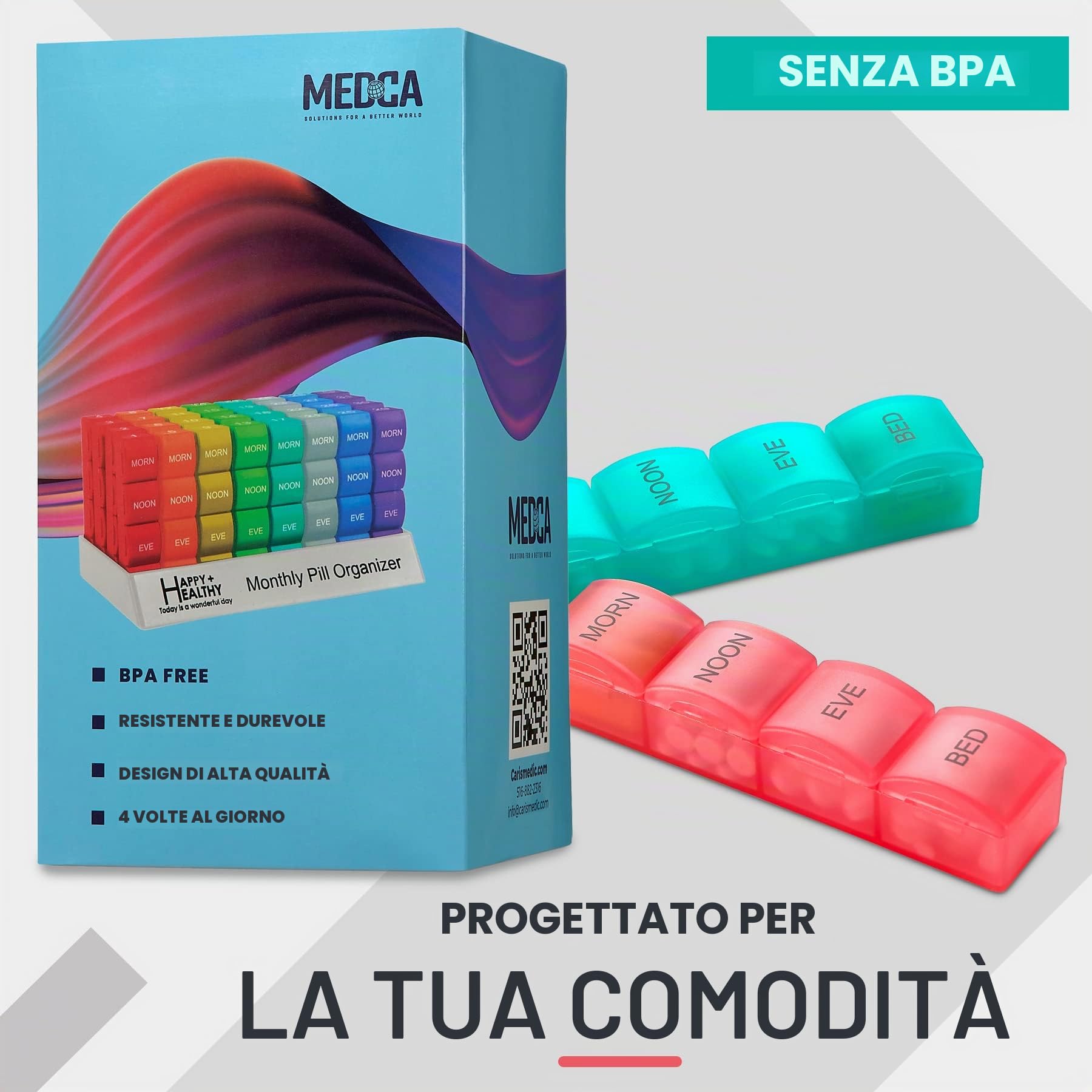 Organizzatore Portapillole Mese - 4 Volte Al Giorno Mattina-Mezzogiorno-Sera-Notte - Grandi 32 Portapillole Giornalieri con Scomparti per Vitamine, Integratori