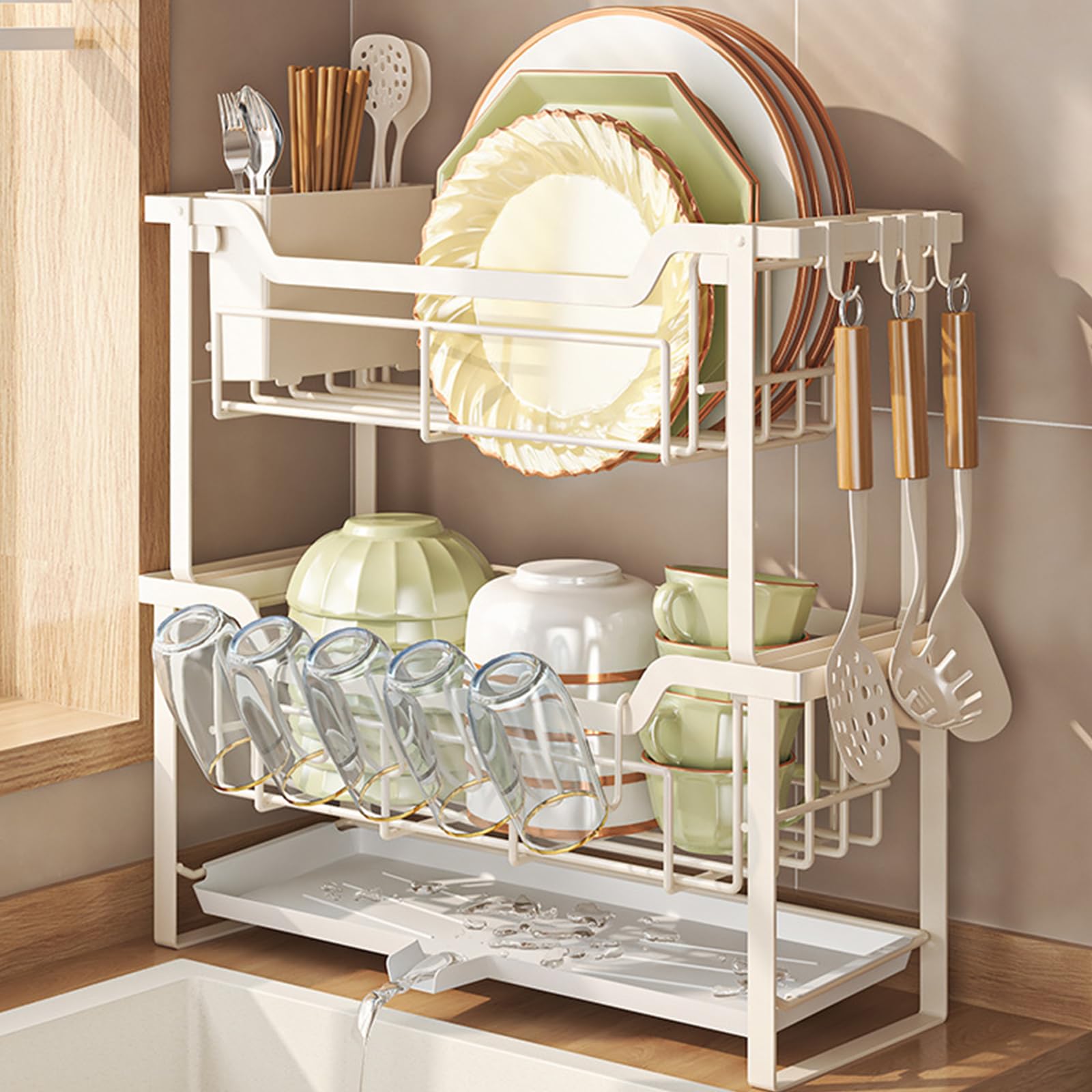 Escurreplatos 2 Niveles Vertical Fregadero Cocina Ahorro Espacio Blanco | Estrecho Escurre Platos Pequeño Vertical sobre Fregadero para Cocina, Ahorra Espacio para Fregadero y Encimera
