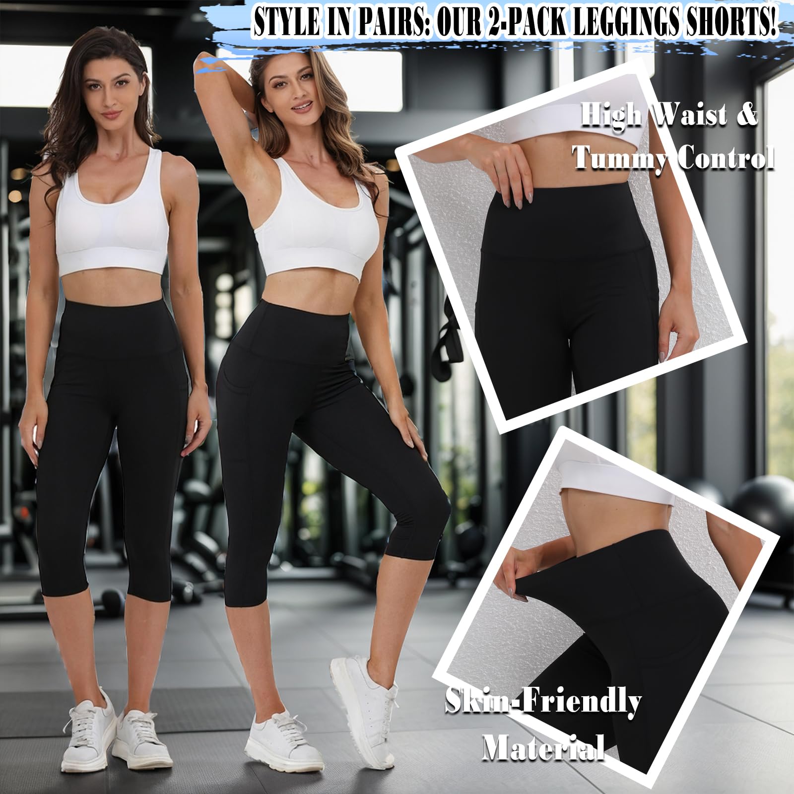 Merlvida Capri Legginsy damskie z wysokim stanem, sportowe legginsy z kieszeniami, nieprzejrzyste, krótkie, sportowe, elastyczne, czarne, spodnie 7/8, na lato, do jogi, siłowni, fitnessu