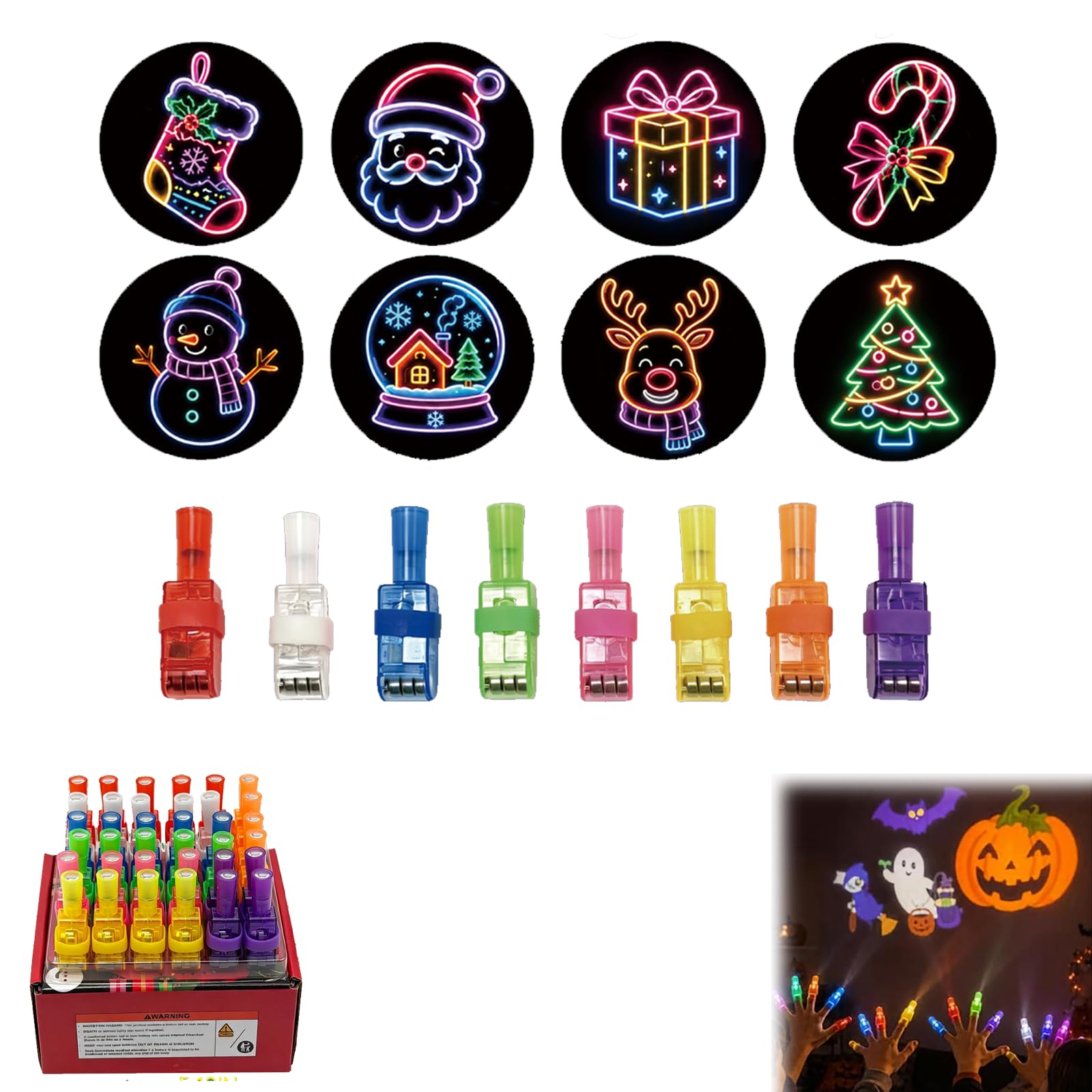 36 Pcs LED Finger Lights Toys – Glow in Dark Light Up Projector Fingers in Multiple Designs, Halloween & Christmas Party Bag Fillers, Goodie Bag Prizes, Classroom Rewards，Christmas,C