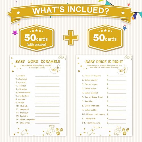 Miniatura 2 de Juegos de baby shower para niño o niña, 2 juegos (50 de cada uno), doble cara, cartón grueso, con teclas de respuesta