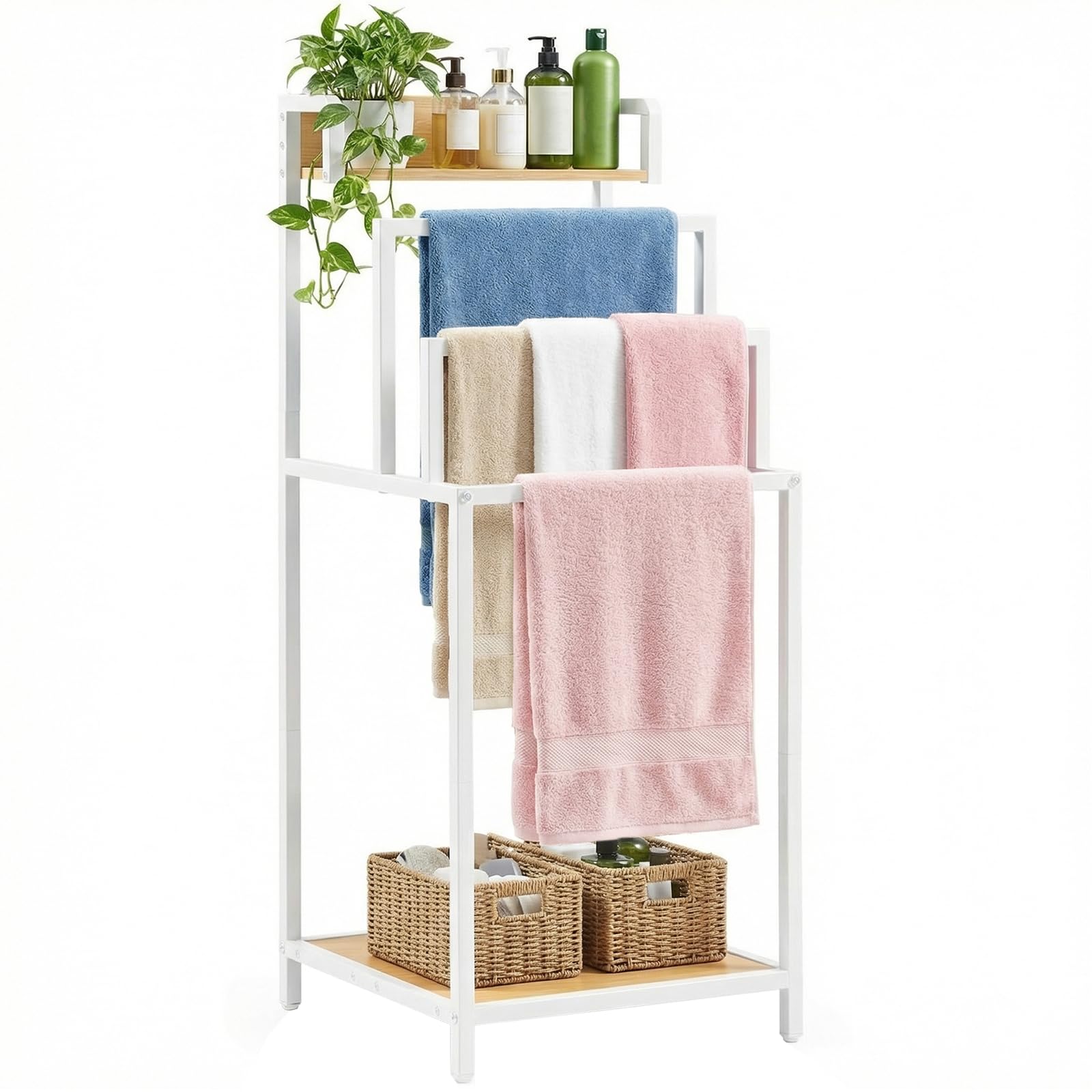 HOOBRO Portasciugamani Autoportante con 3 Barre e 2 Ripiani, Portasalviette con Piedini Regolabili e Kit Antiribaltamento, Portasciugamani da Terra per Bagno e Lavanderia, Naturale e Bianco EWN12LB01