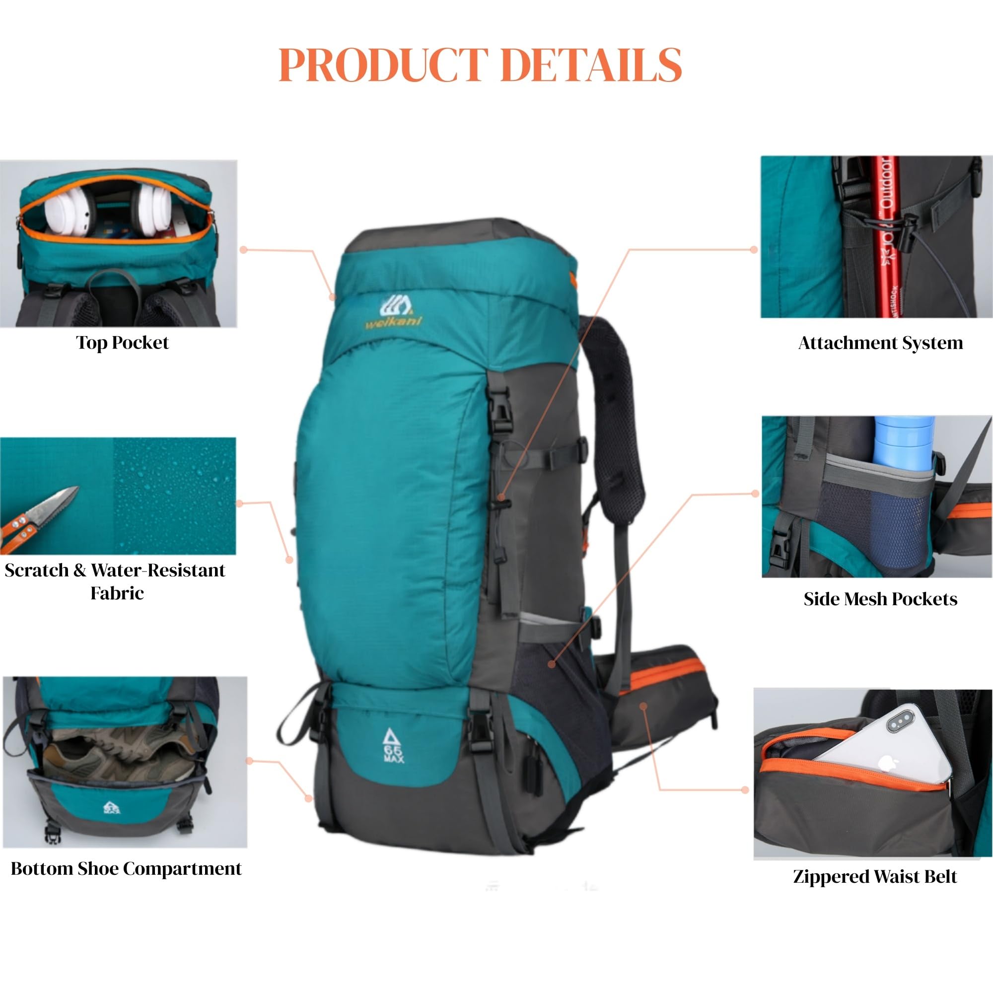 Zaino da trekking da 65 litri, impermeabile, con copertura antipioggia, grande borsa da campeggio, zaino per uomo e donna, zaino leggero per viaggi, sci, ciclismo, arrampicata, alpinismo