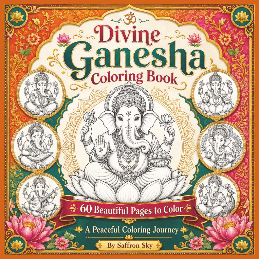 Divine Ganesha Coloring Book: 60 Beautiful Pages to Color for Relaxation, Mindfulness, and Creative Inspiration (Saffron Sky Coloring Collection)