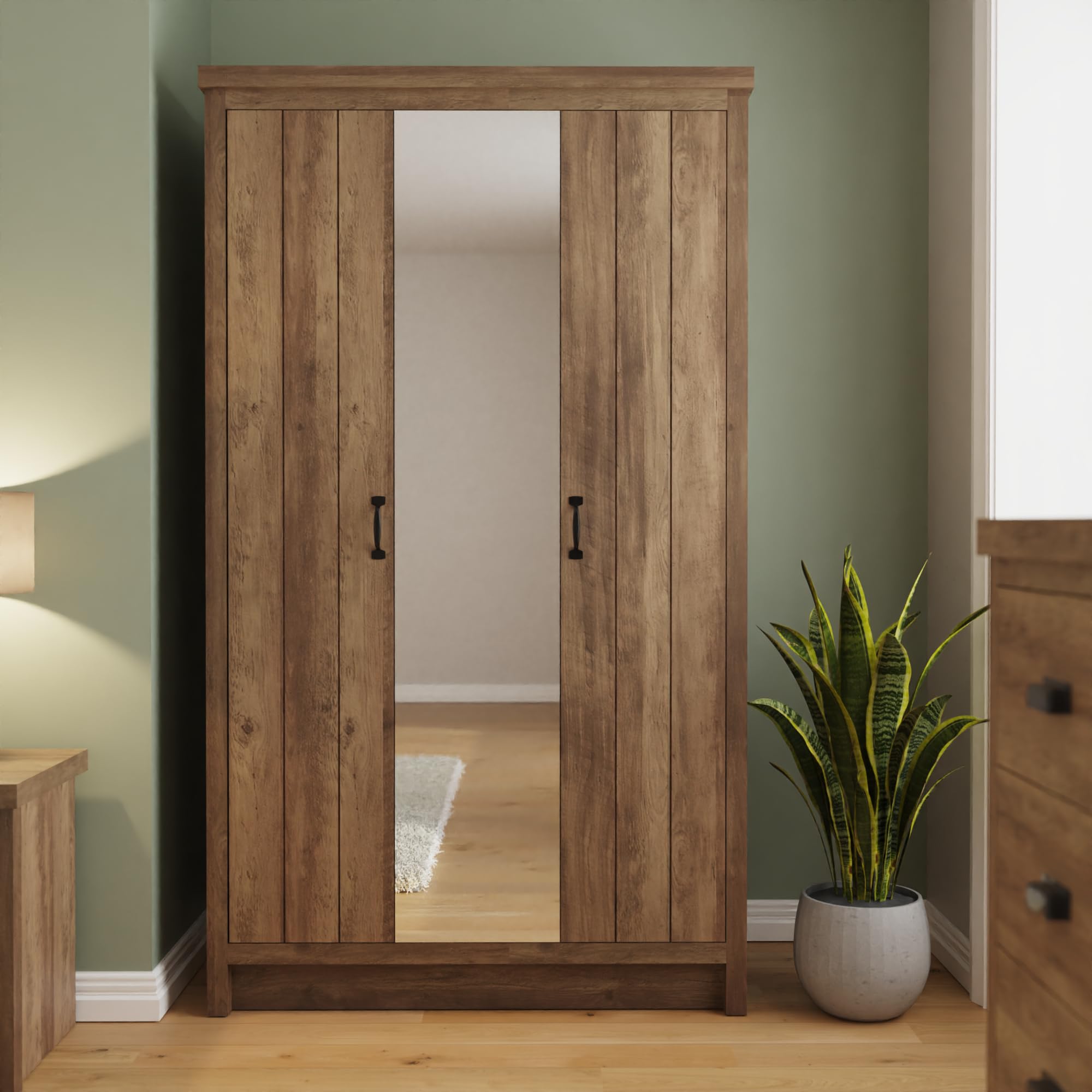 GFW Boston 3 Door Mirrored Wardrobe with Hanging Rail & Shelves, Wood Effect Bedroom Storage Cabinet with Full Length Mirror