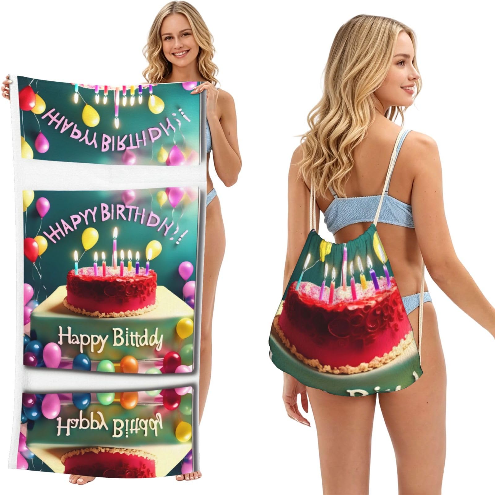 SXZVVBN Happy Birthday Beautiful 2-in-1 Beach Towel Bag, Quick Dry Sand Free Travel Towel Backpack for Adults