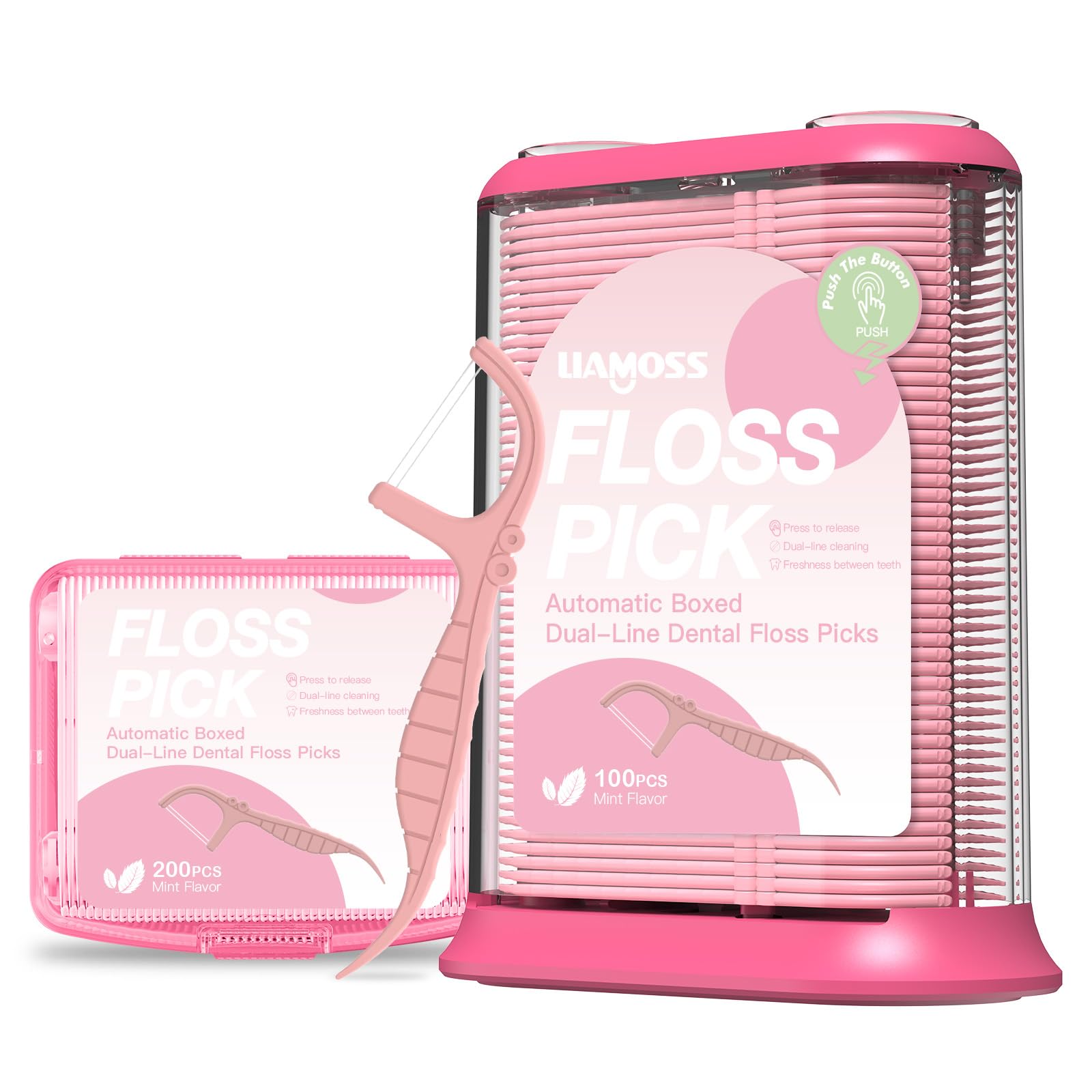 Twin Line Dental Flossers with Floss Picks Dispenser,300 Count LIAMOSS Unbreakable & No-Shred Minty Flavor Toothpicks Sticks,Unique Automatic